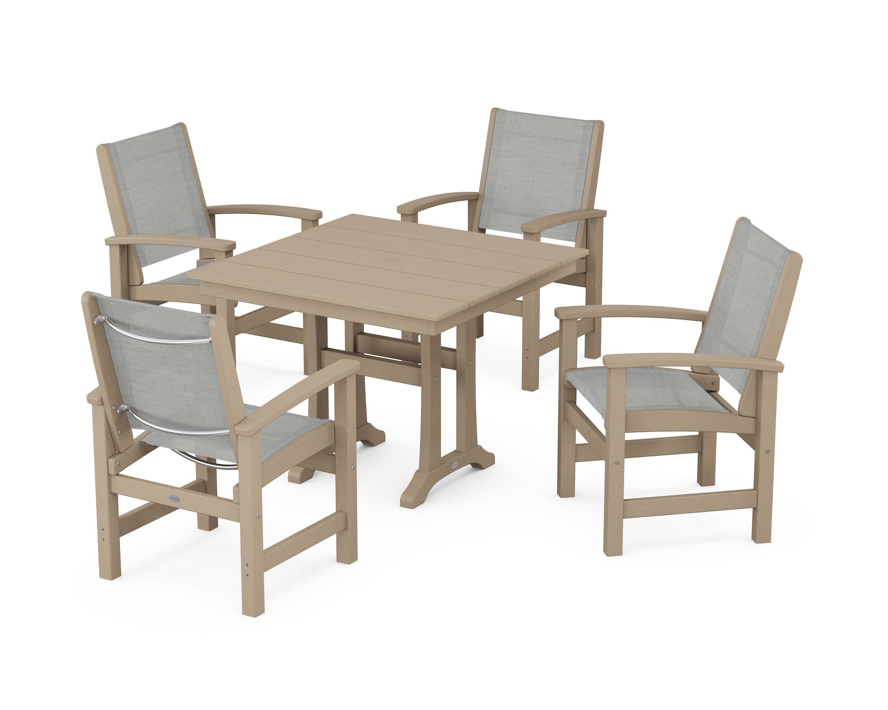 Coastal 5-Piece Farmhouse Dining Set With Trestle Legs in Vintage Sahara / Metallic Sling