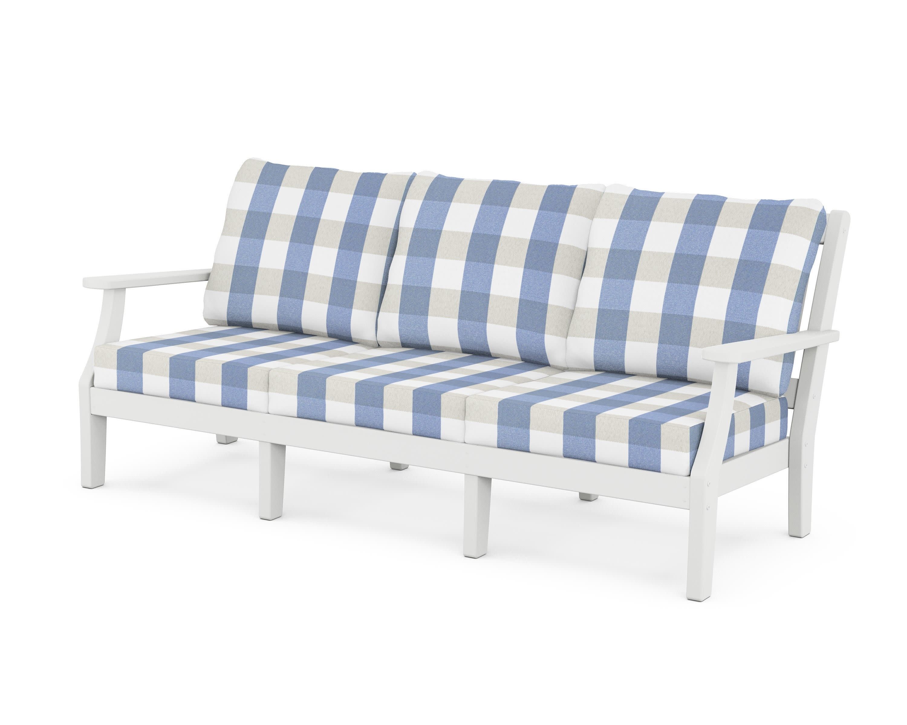 Chinoiserie Deep Seating Sofa in White / Buffalo Plaid Sky Blue