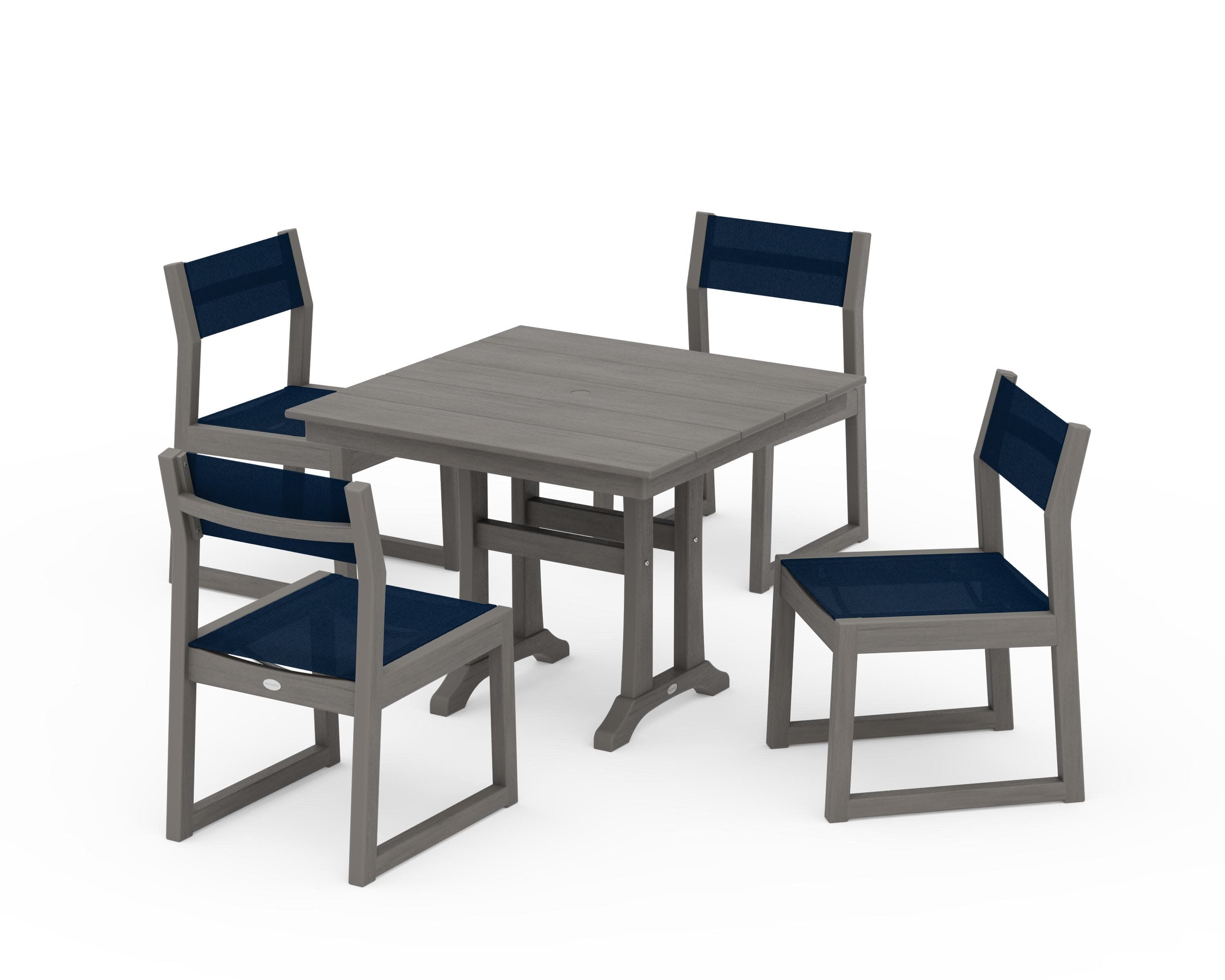 EDGE Sling 5-Piece Farmhouse Trestle Side Chair Dining Set in Driftwood / Navy Blue Sling