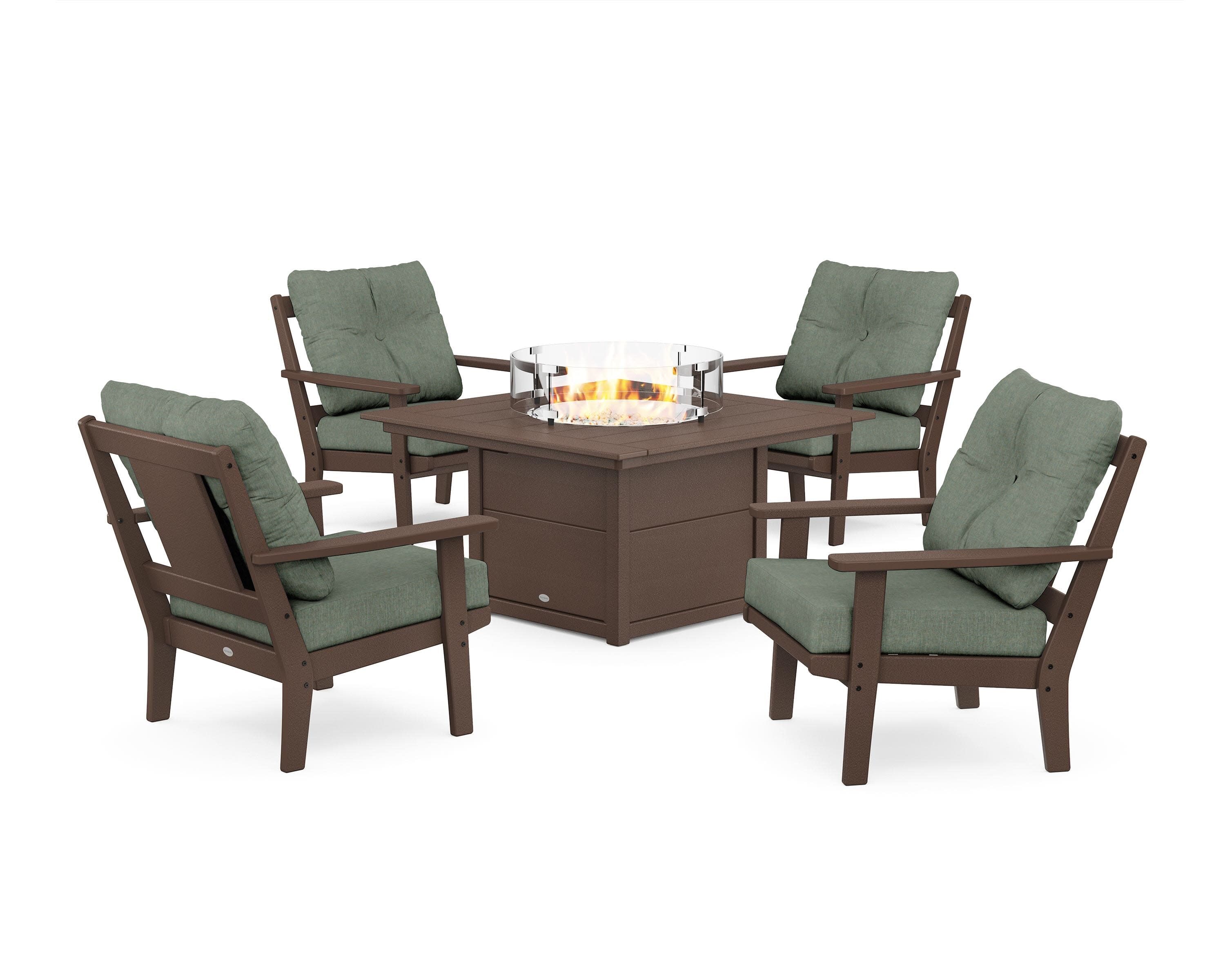 Prairie 5-Piece Deep Seating Set with Fire Pit Table in Mahogany / Cast Sage