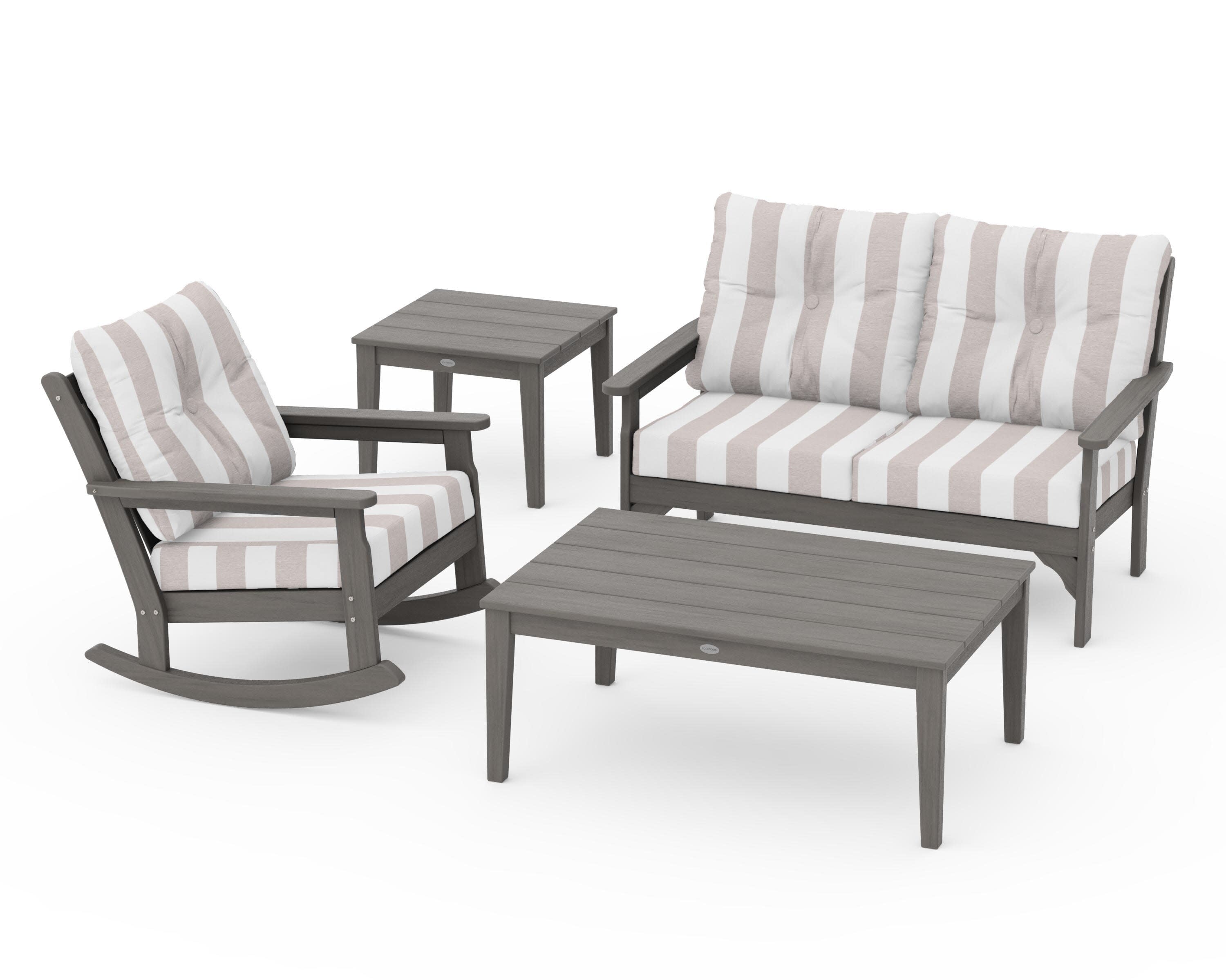 Vineyard 4-Piece Deep Seating Rocker Set in Driftwood / Cabana Stripe Dune Burlap