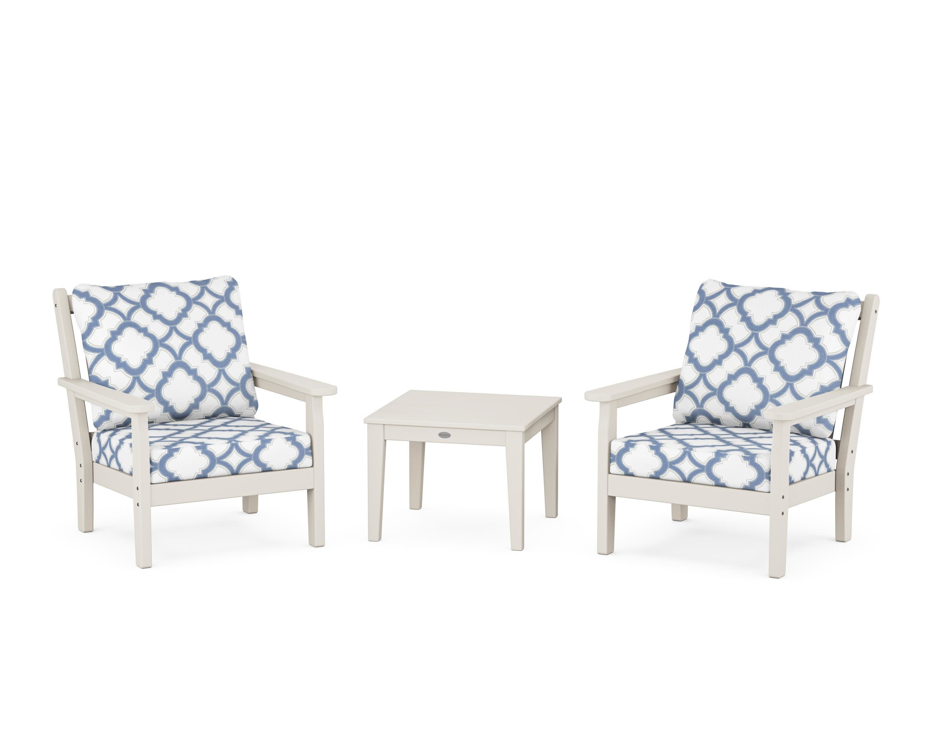 Chippendale 3-Piece Deep Seating Set in Sand / Trellis Sky Blue