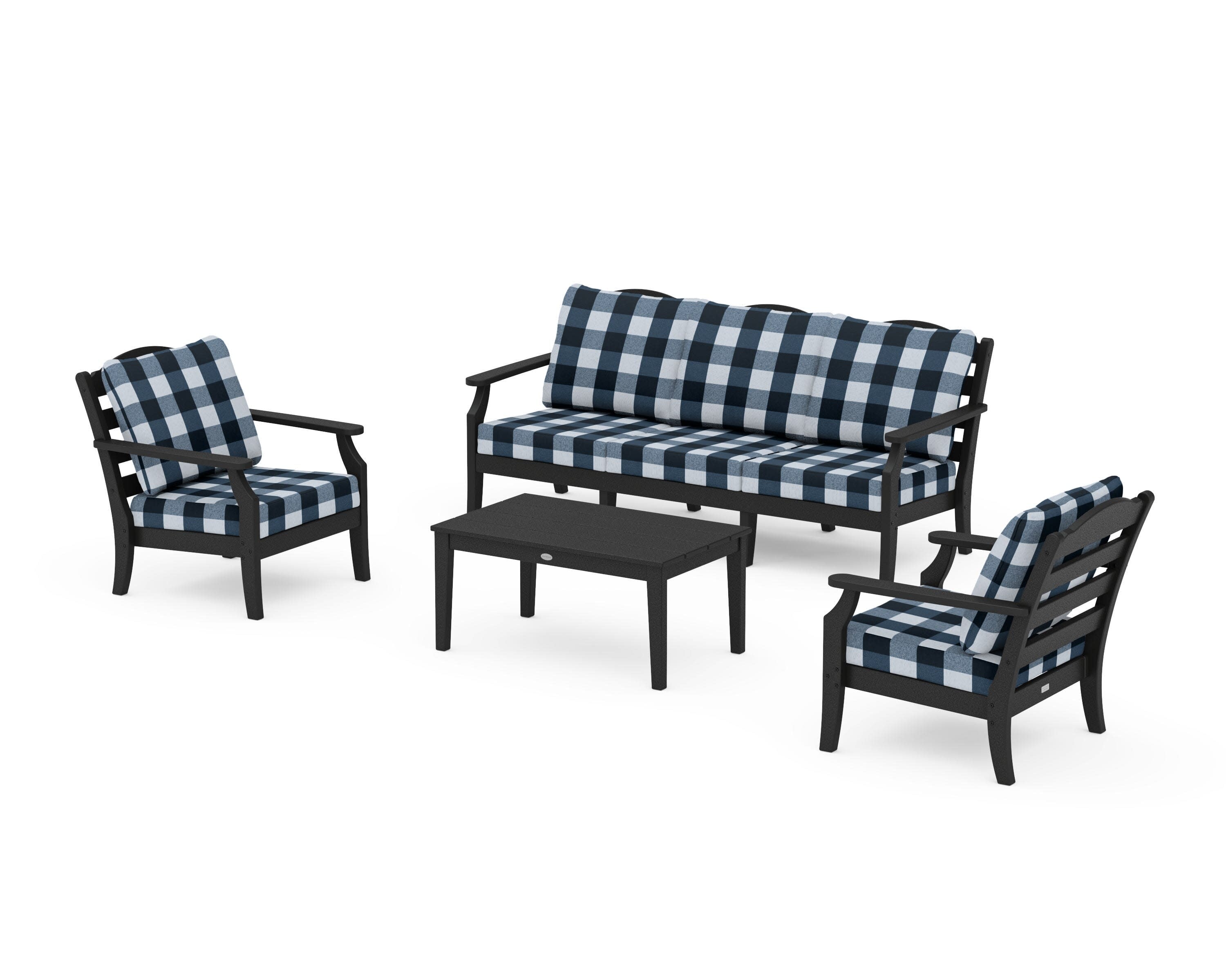 Savannah 4-Piece Deep Seating Set with Sofa in Black / Buffalo Plaid Marine Indigo