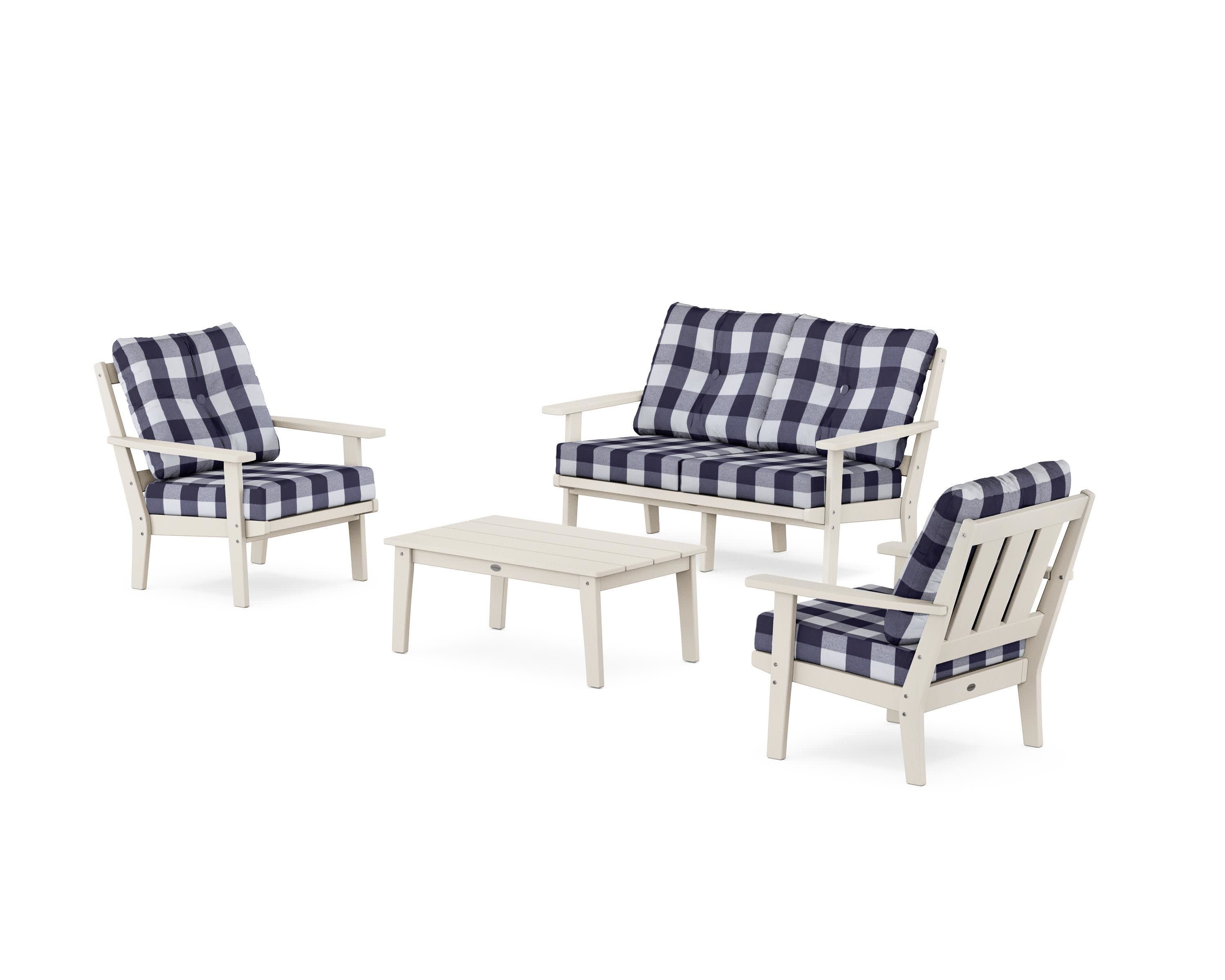 Oxford 4-Piece Deep Seating Set with Loveseat in Sand / Buffalo Plaid Navy