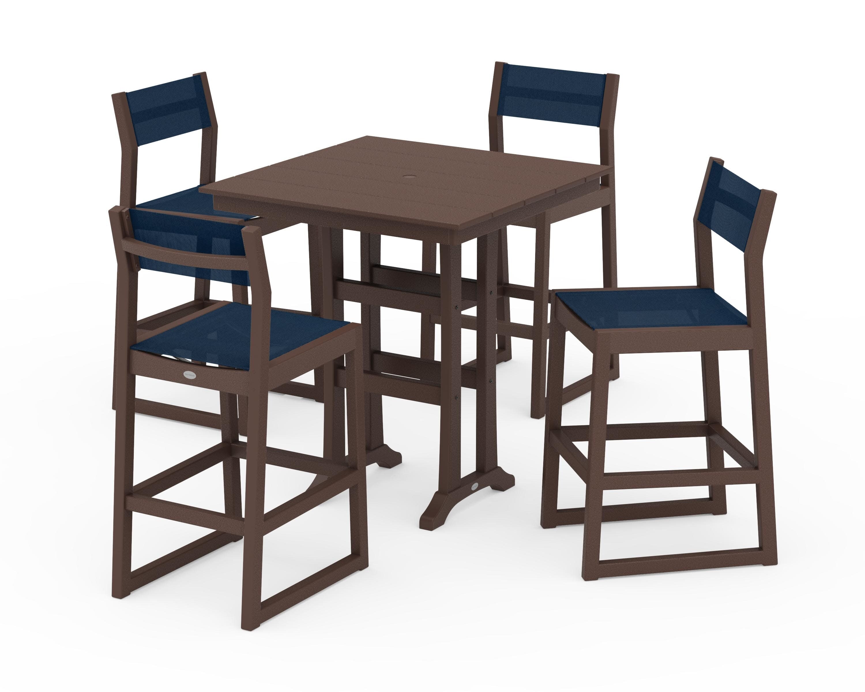 EDGE Sling Arm Chair 5-Piece Farmhouse Bar Set with Trestle Legs in Mahogany / Navy Blue Sling