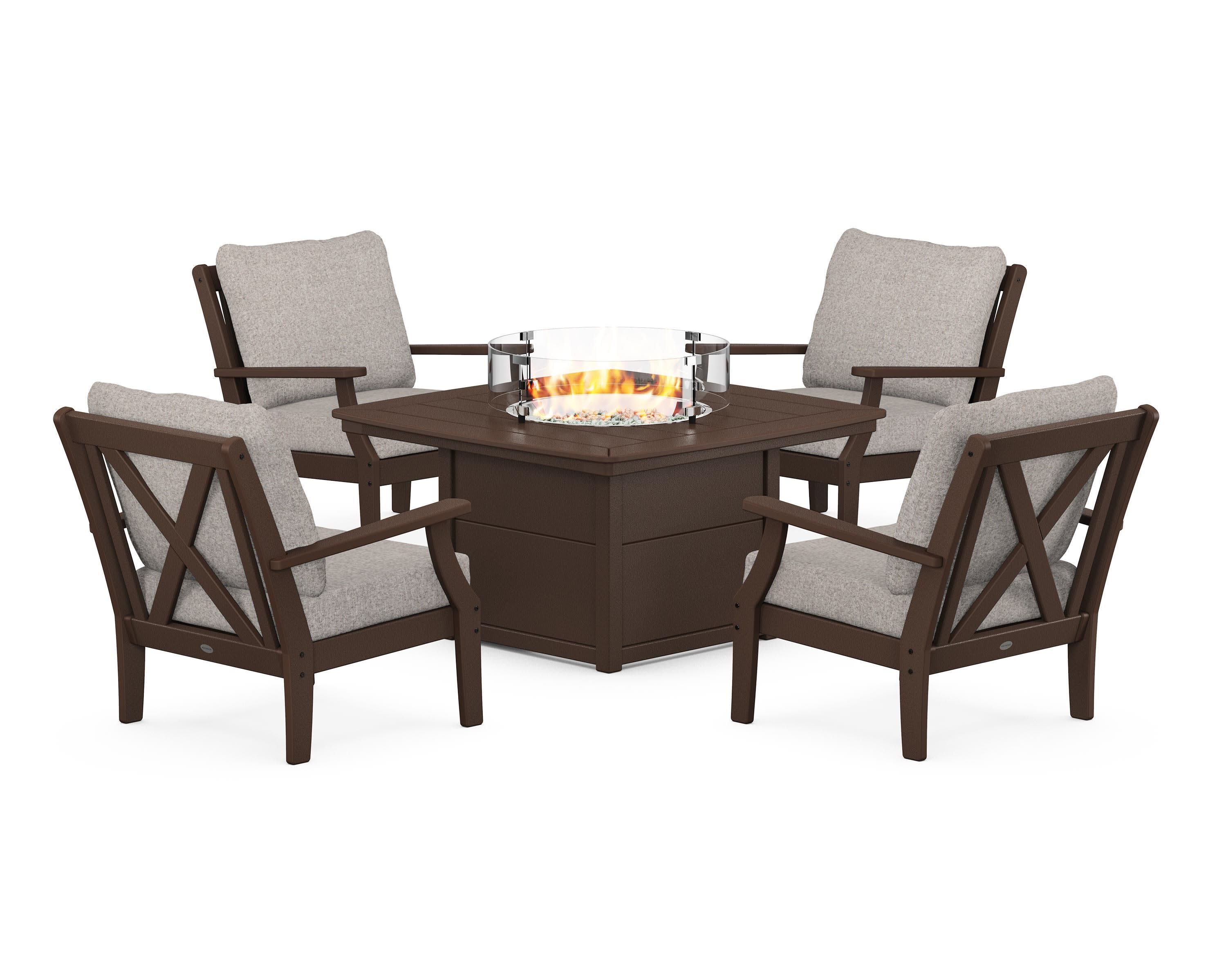 Braxton 5-Piece Deep Seating Conversation Set with Fire Pit Table in Mahogany / Weathered Tweed
