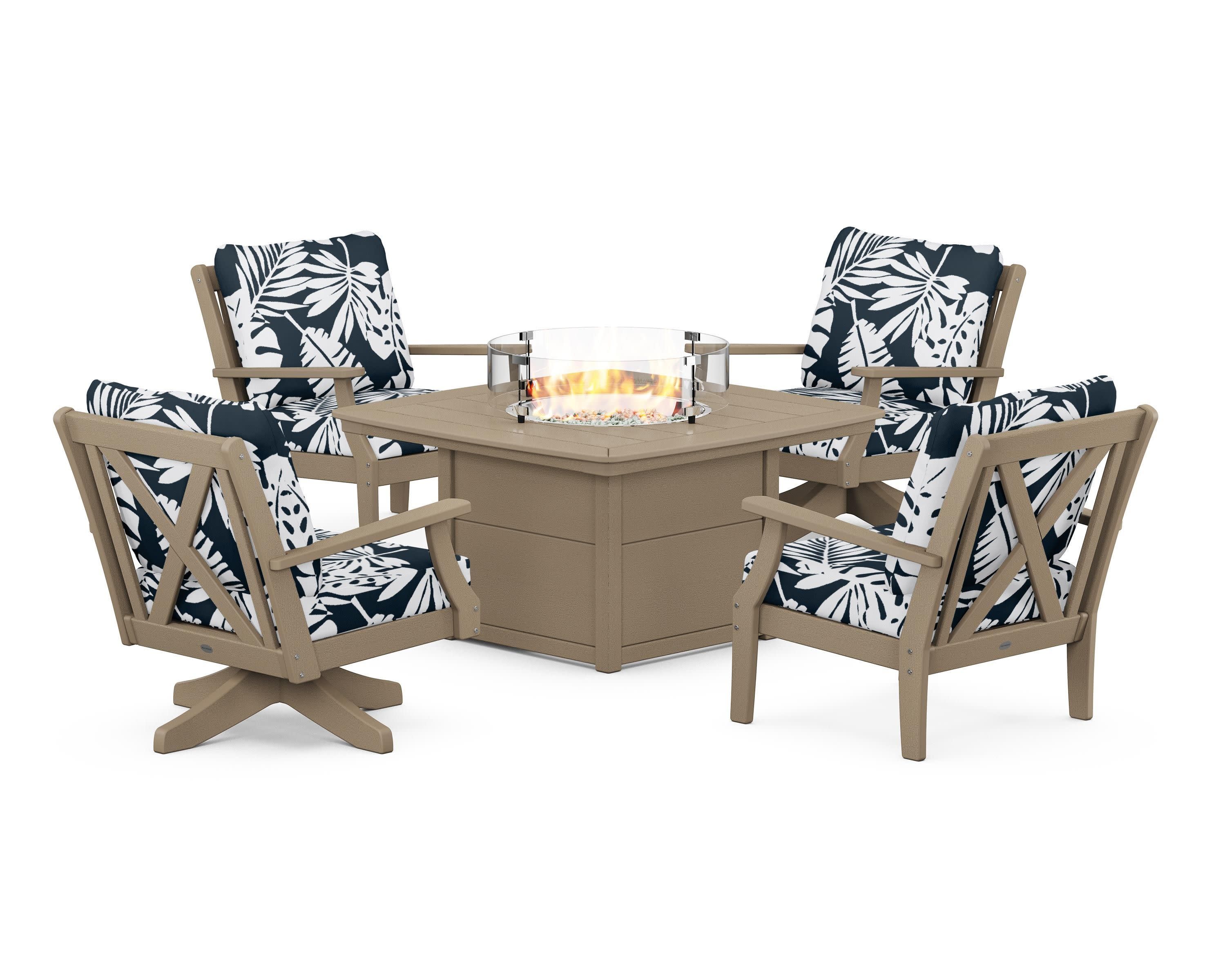 Braxton 5-Piece Deep Seating Set with Fire Table in Vintage Sahara / Leaf Marine Indigo