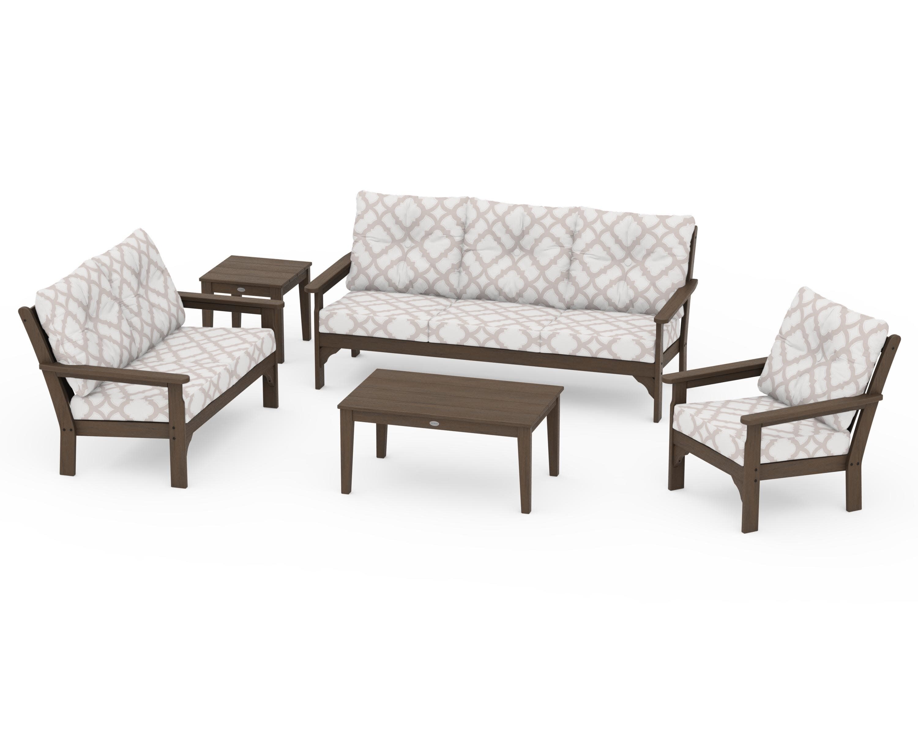 Vineyard 5 Piece Deep Seating Set in Kona / Trellis Dune Burlap