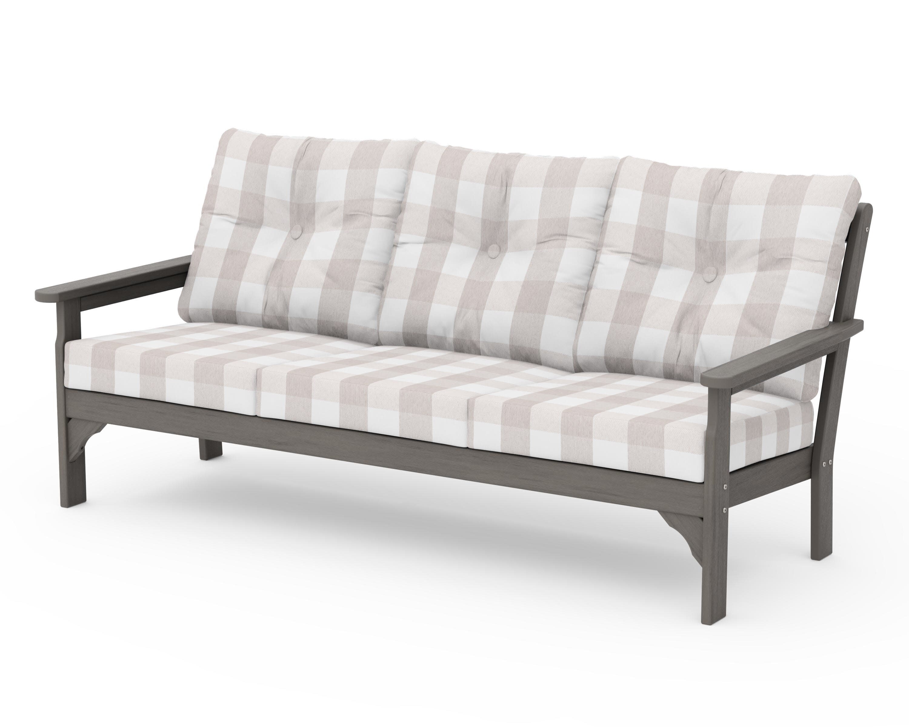 Vineyard Deep Seating Sofa in Driftwood / Buffalo Plaid Dune Burlap