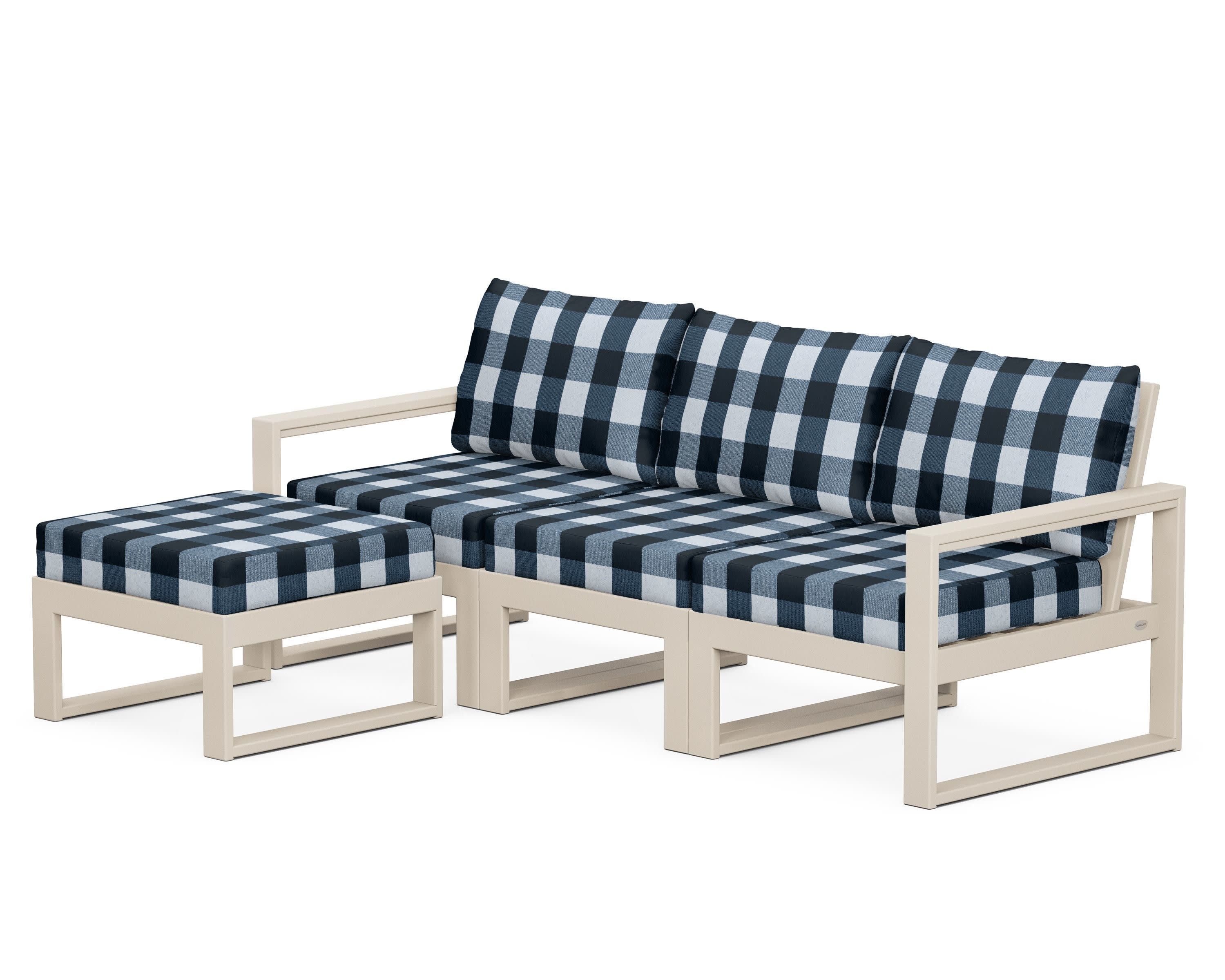 EDGE 4-Piece Modular Deep Seating Set with Ottoman in Sand / Buffalo Plaid Marine Indigo