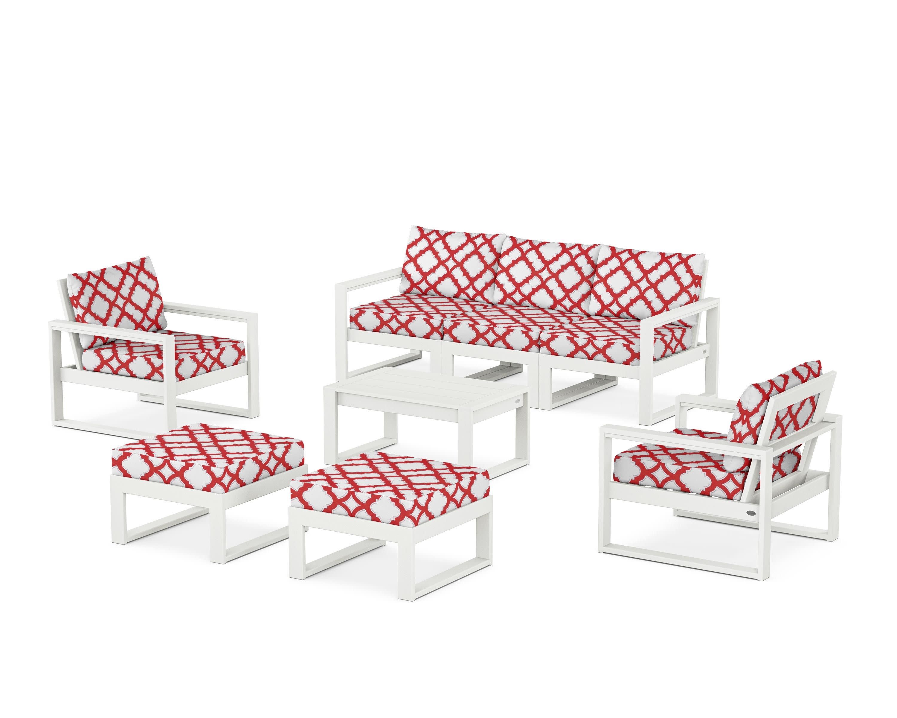 EDGE Sectional 8-Piece Lounge Sofa Set in Vintage White / Trellis Crimson