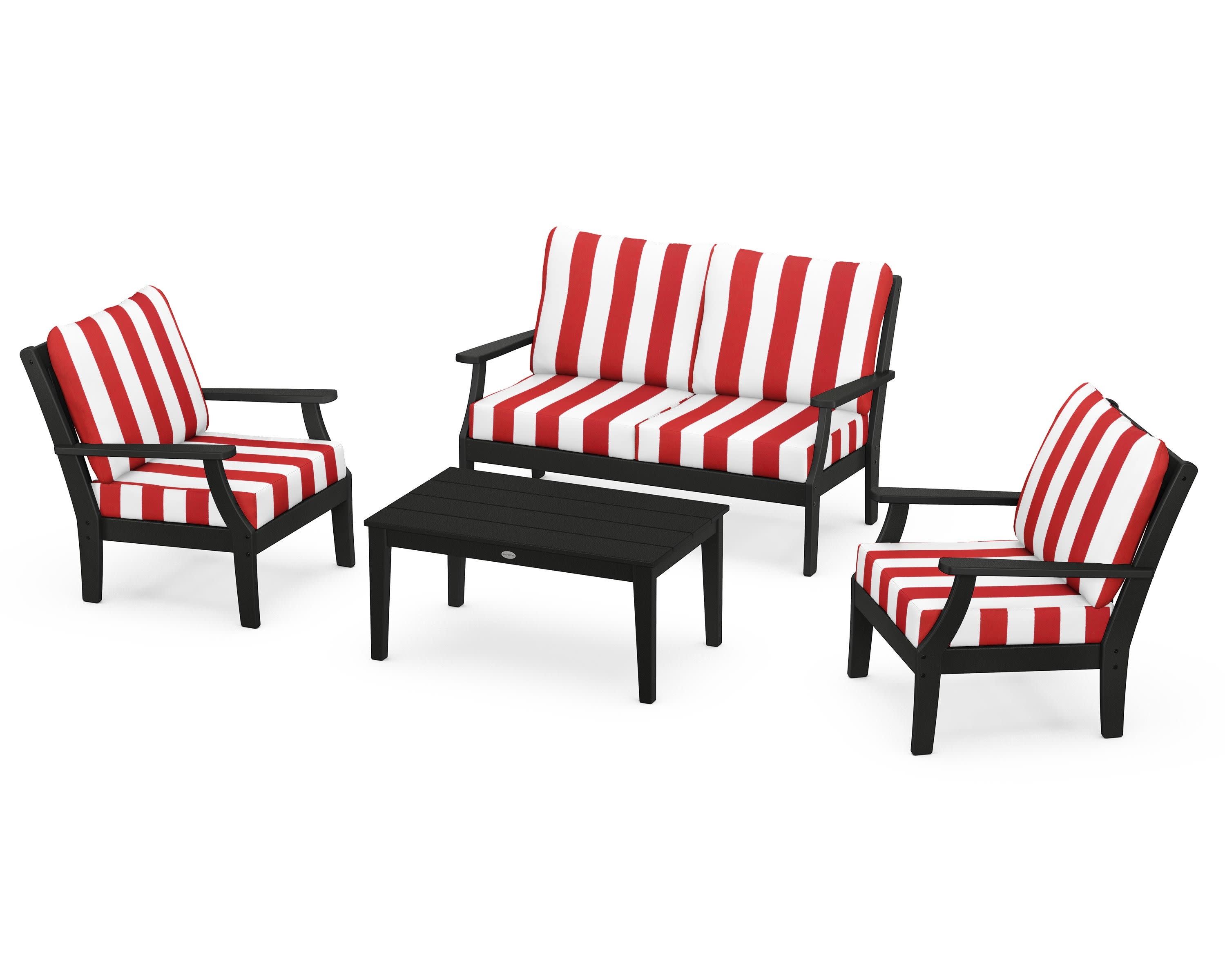 Braxton 4-Piece Deep Seating Chair Set in Black / Cabana Stripe Crimson