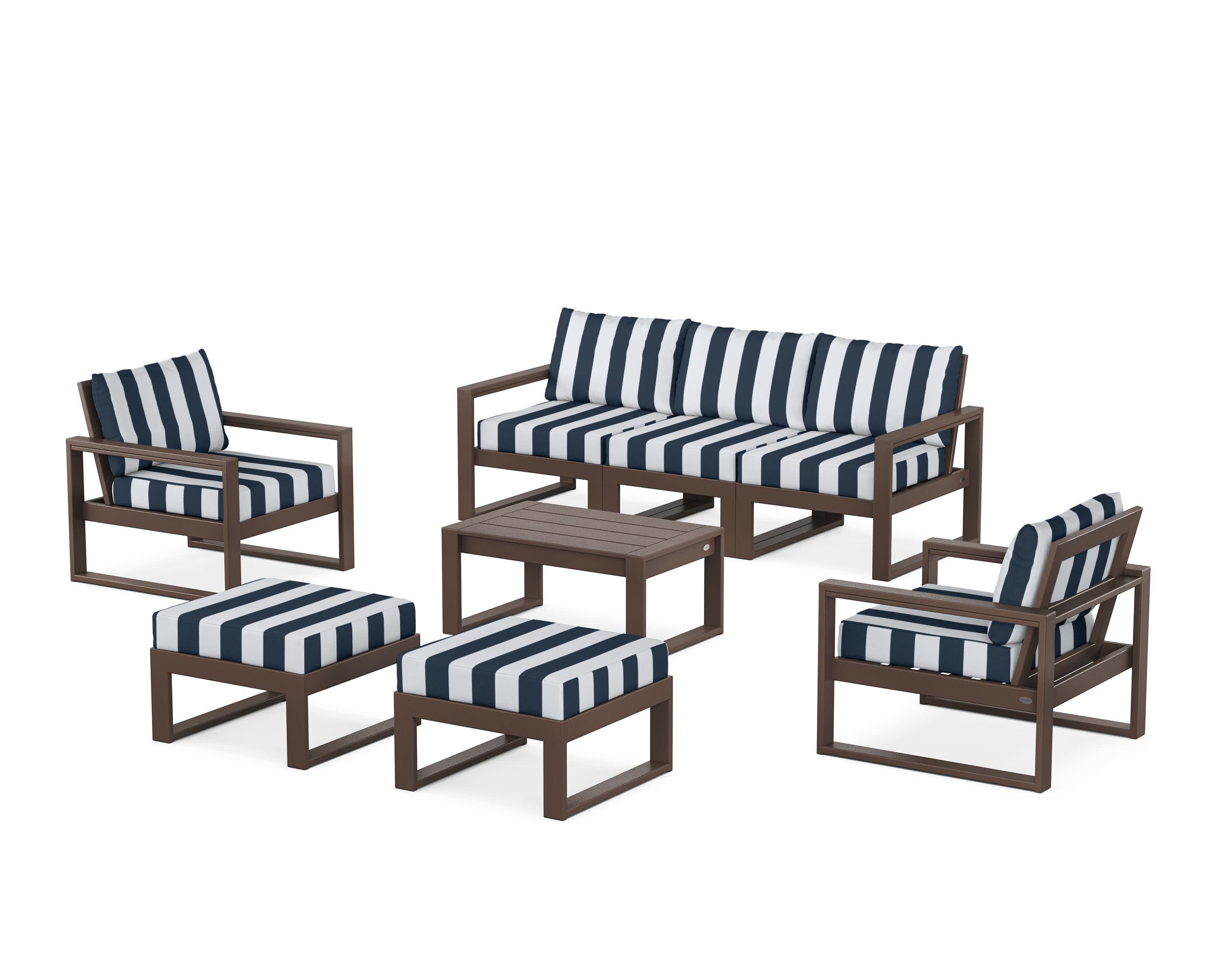 EDGE Sectional 8-Piece Lounge Sofa Set in Mahogany / Cabana Stripe Marine Indigo