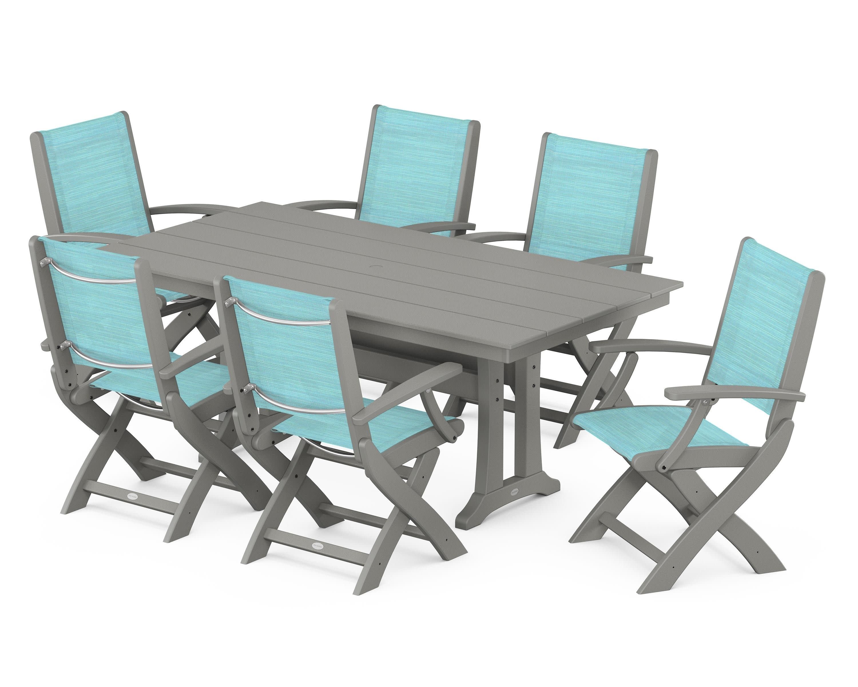Coastal Folding Arm Chair 7-Piece Farmhouse Dining Set with Trestle Legs in Slate Grey / Dupioni Aquamarine Sling
