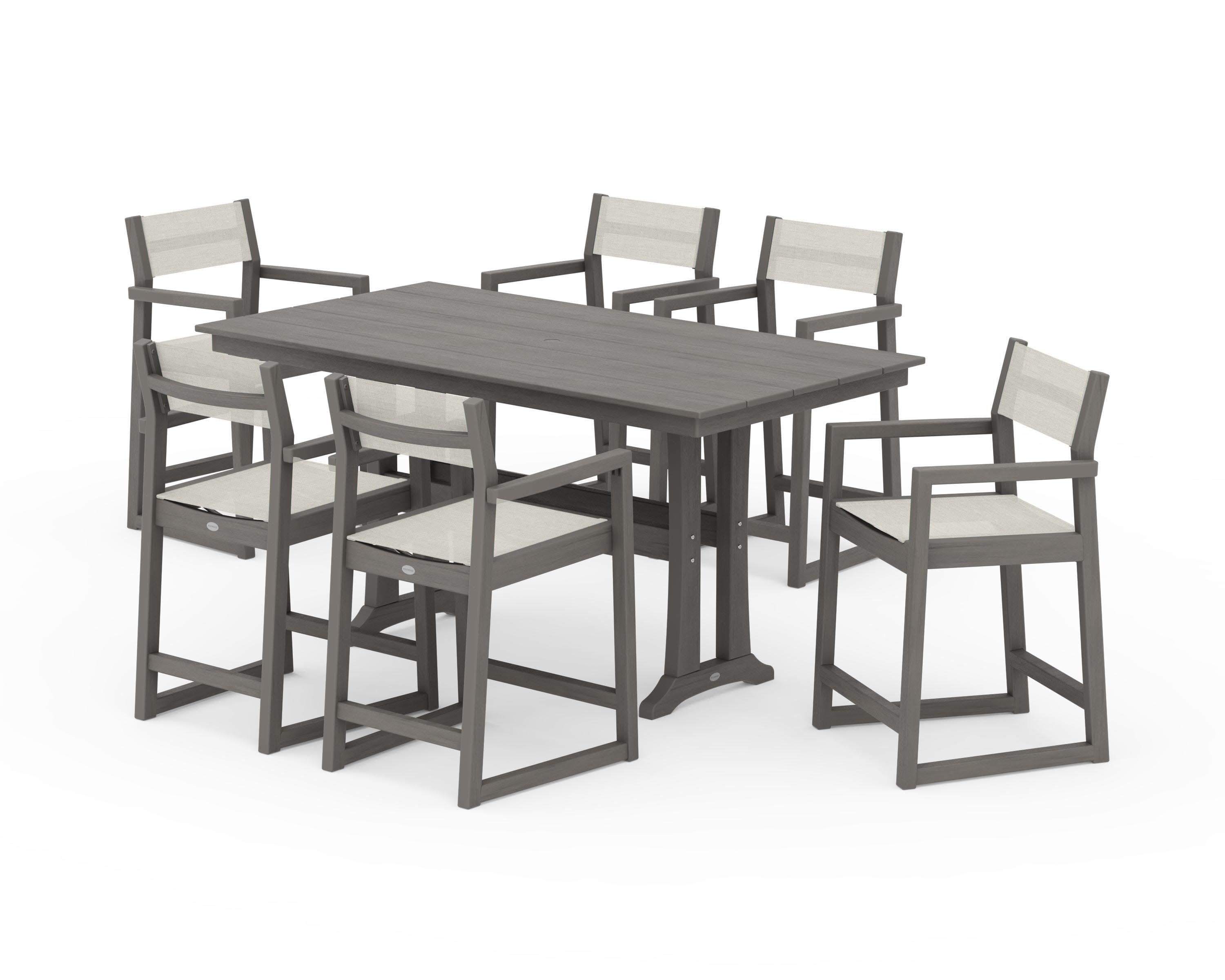EDGE Sling Arm Chair 7-Piece Farmhouse Counter Set with Trestle Legs in Driftwood / Parchment Sling