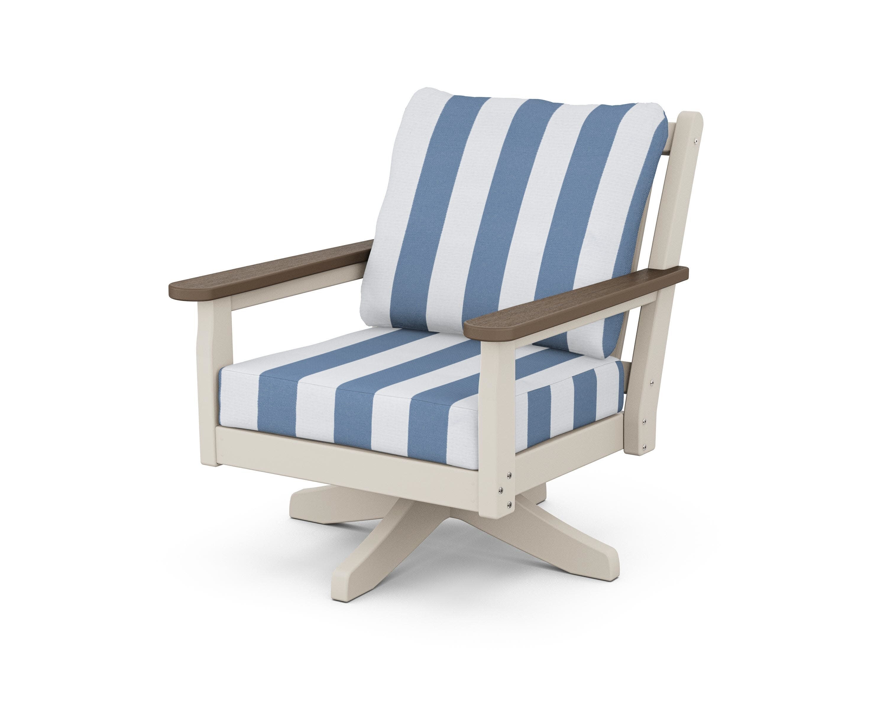Chippendale Deep Seating Swivel Chair in Sand / Kona / Cabana Stripe Sky Blue