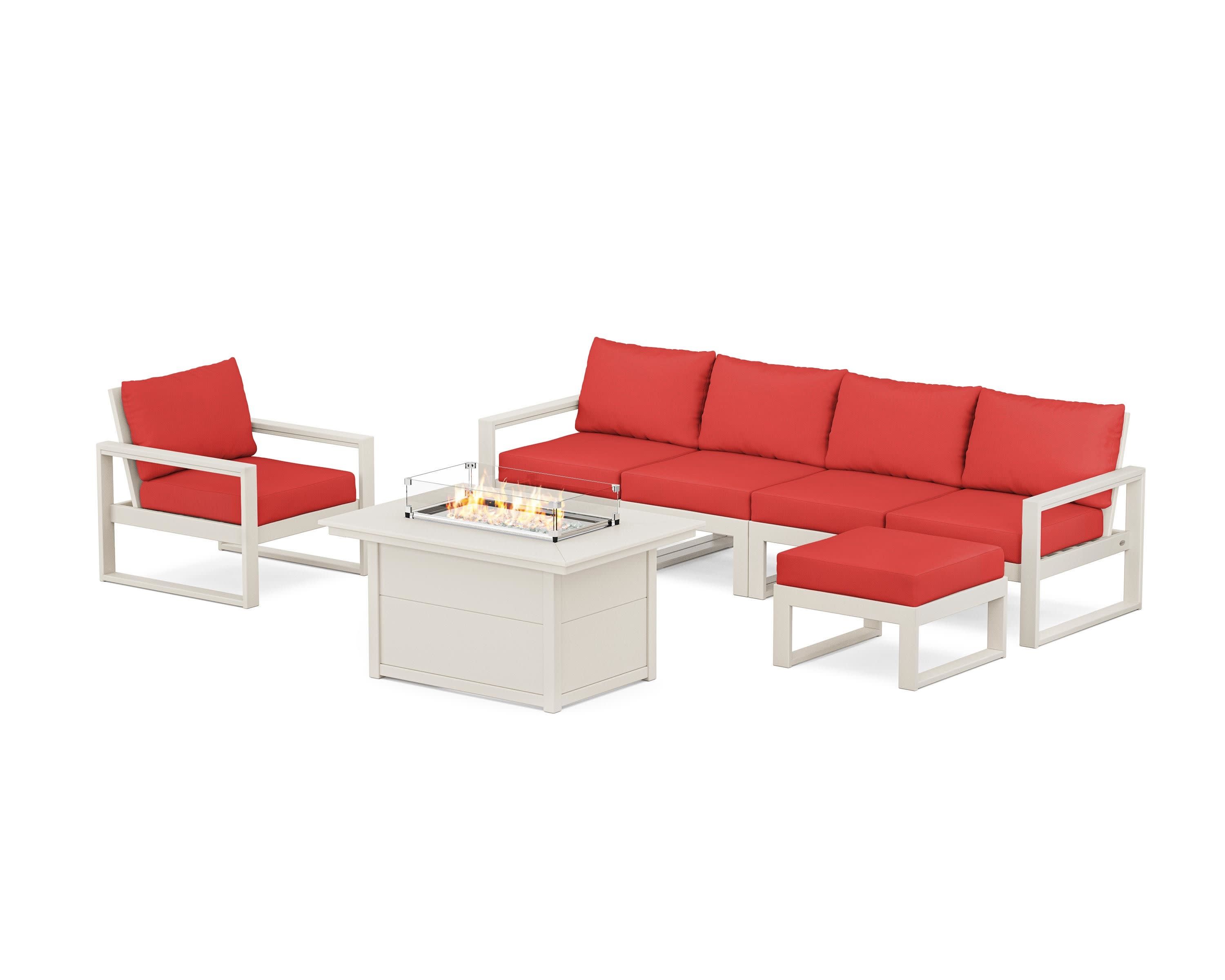 EDGE Sectional Lounge and Fire Pit Set in Sand / Crimson Linen