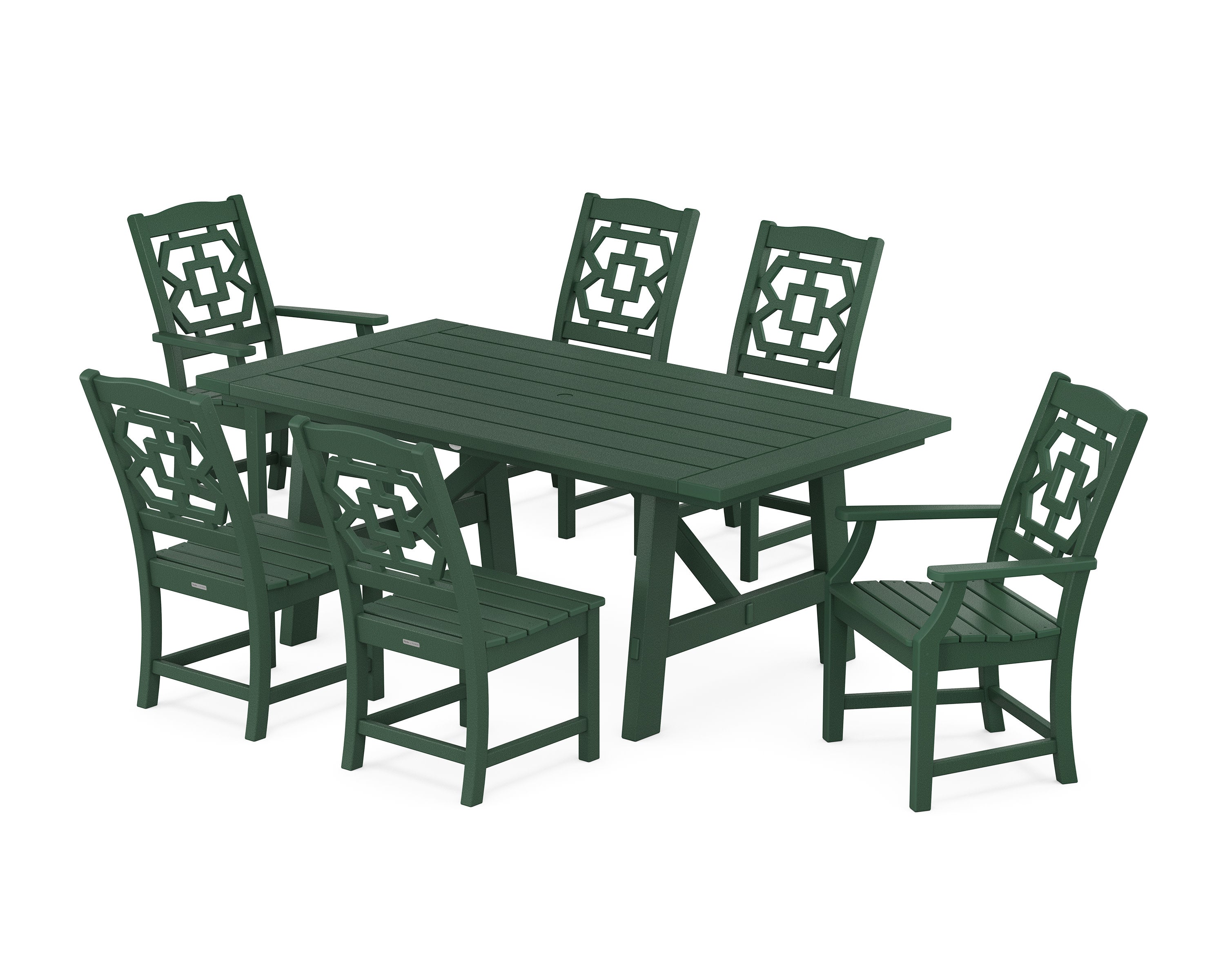 Chinoiserie 7-Piece Rustic Farmhouse Dining Set in Green