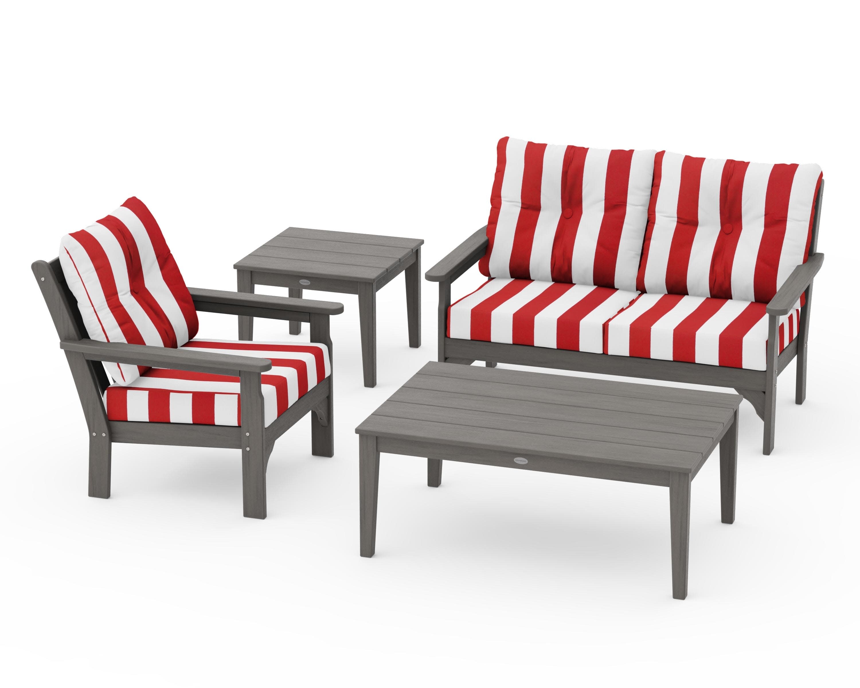 Vineyard 4-Piece Deep Seating Set in Driftwood / Cabana Stripe Crimson