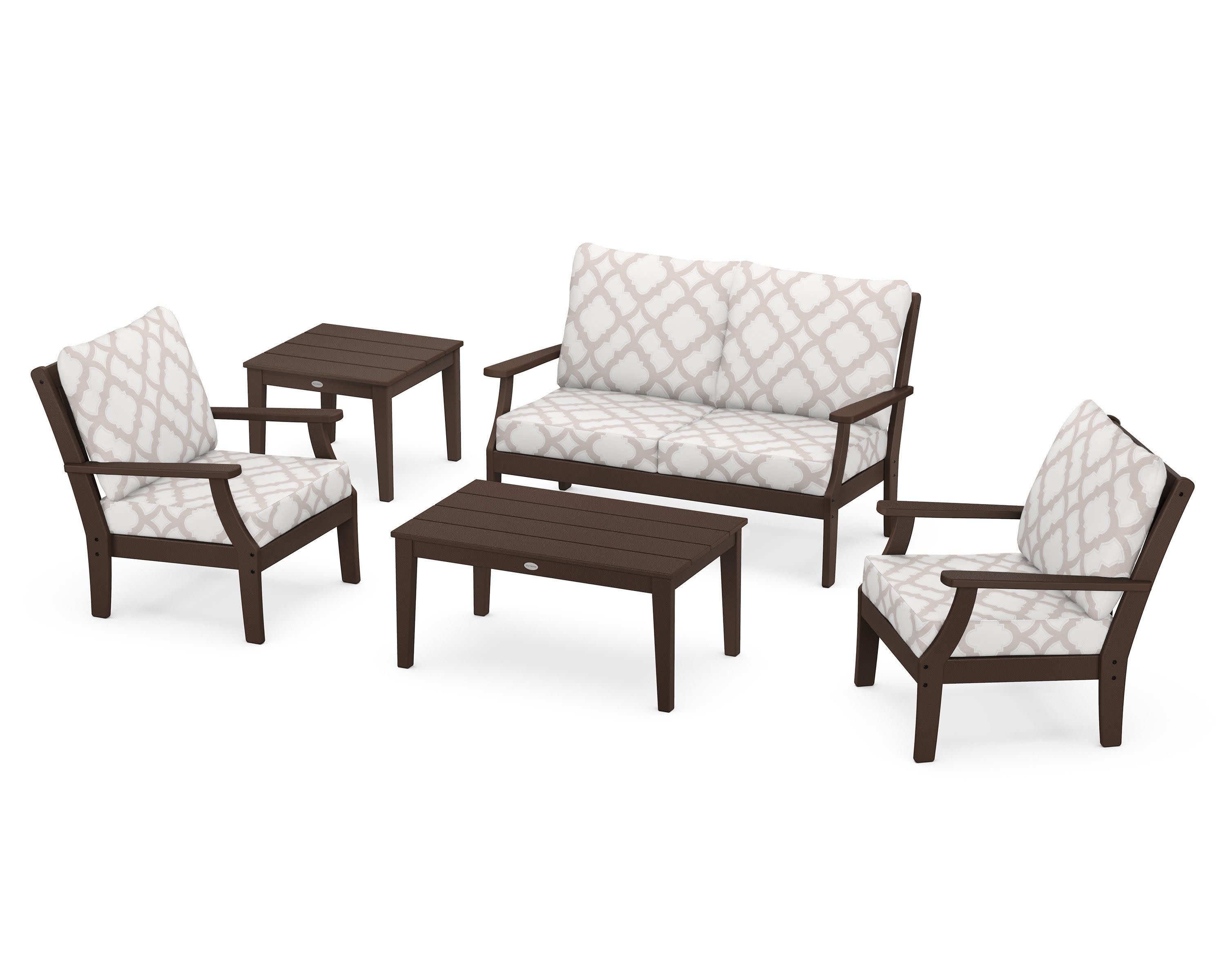 Braxton 5-Piece Deep Seating Set in Mahogany / Trellis Dune Burlap