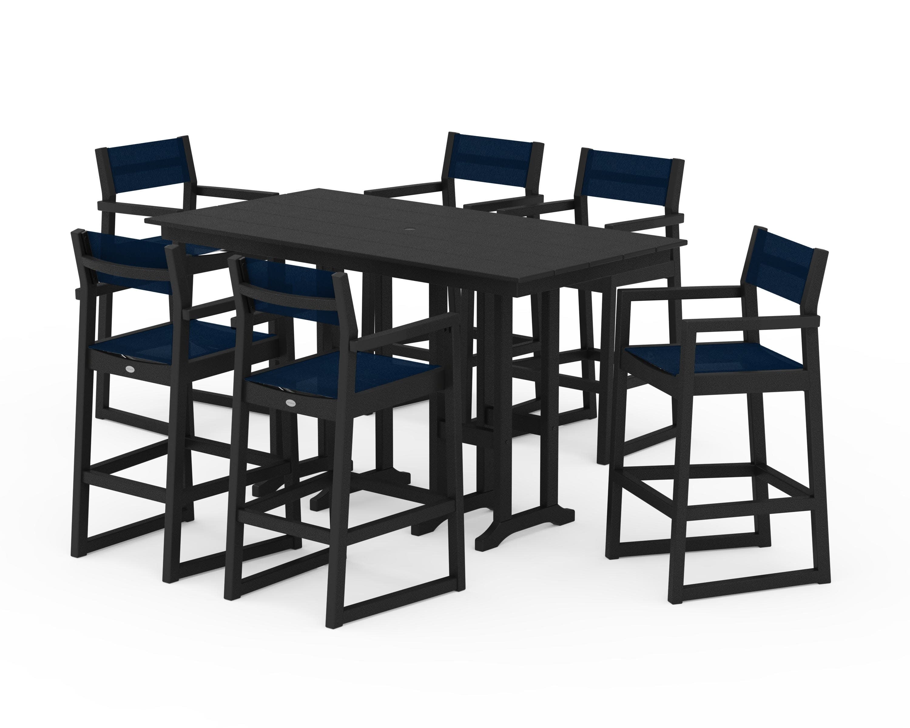EDGE Sling Arm Chair 7-Piece Farmhouse Bar Set in Black / Navy Blue Sling
