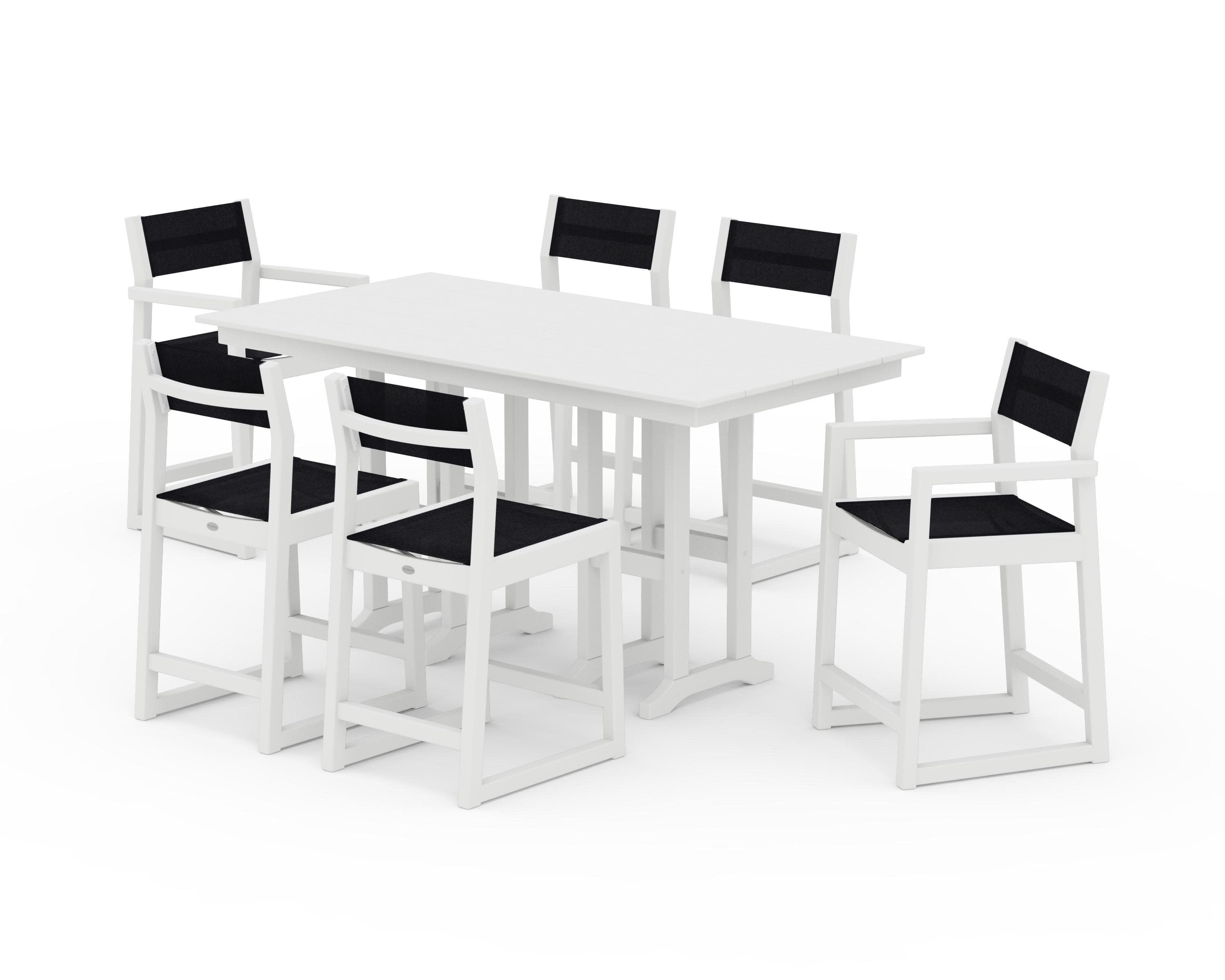 EDGE Sling 7-Piece Farmhouse Counter Set with Trestle Legs in White / Black Sling