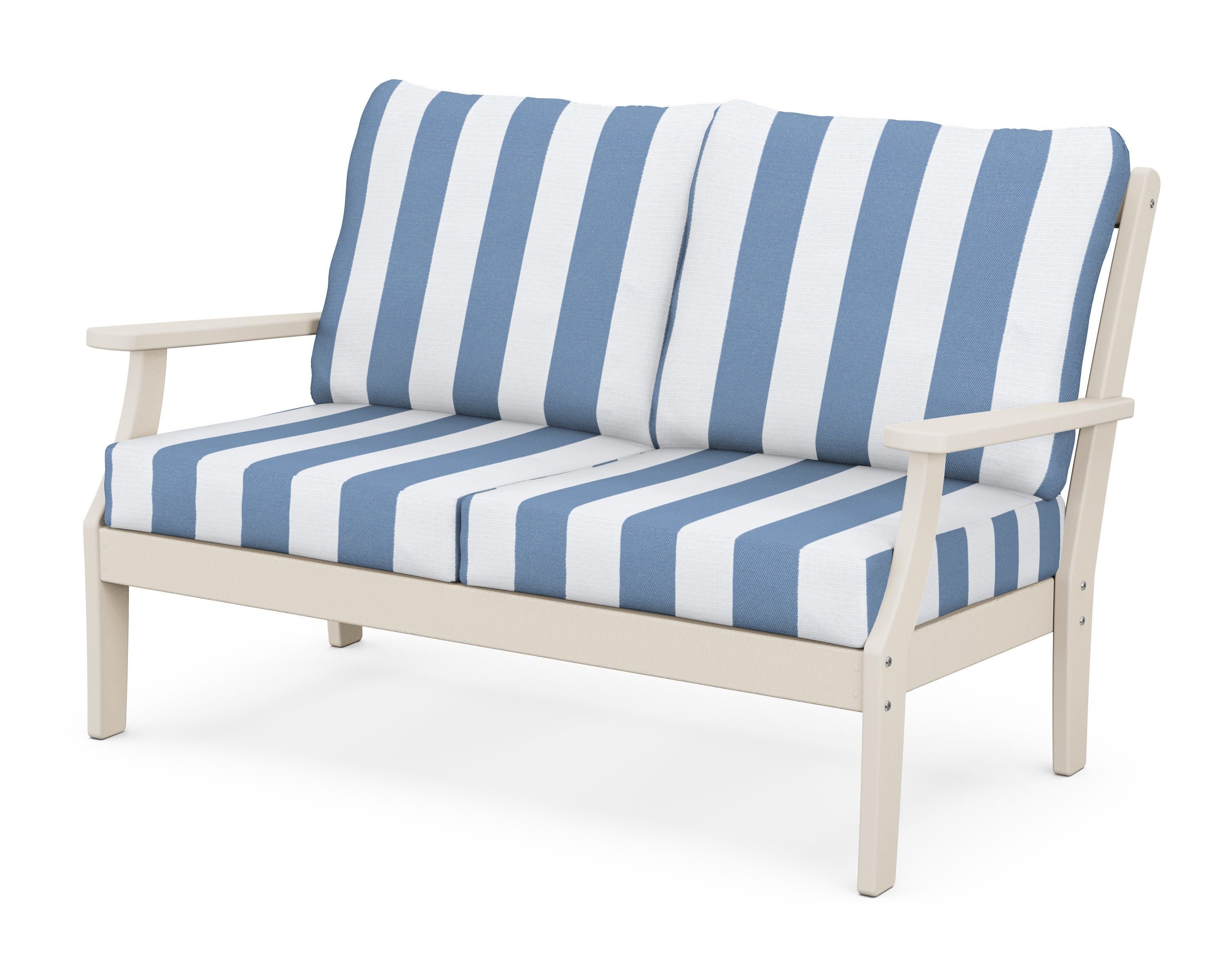 Braxton Deep Seating Loveseat in Sand / Cabana Stripe Sky Blue