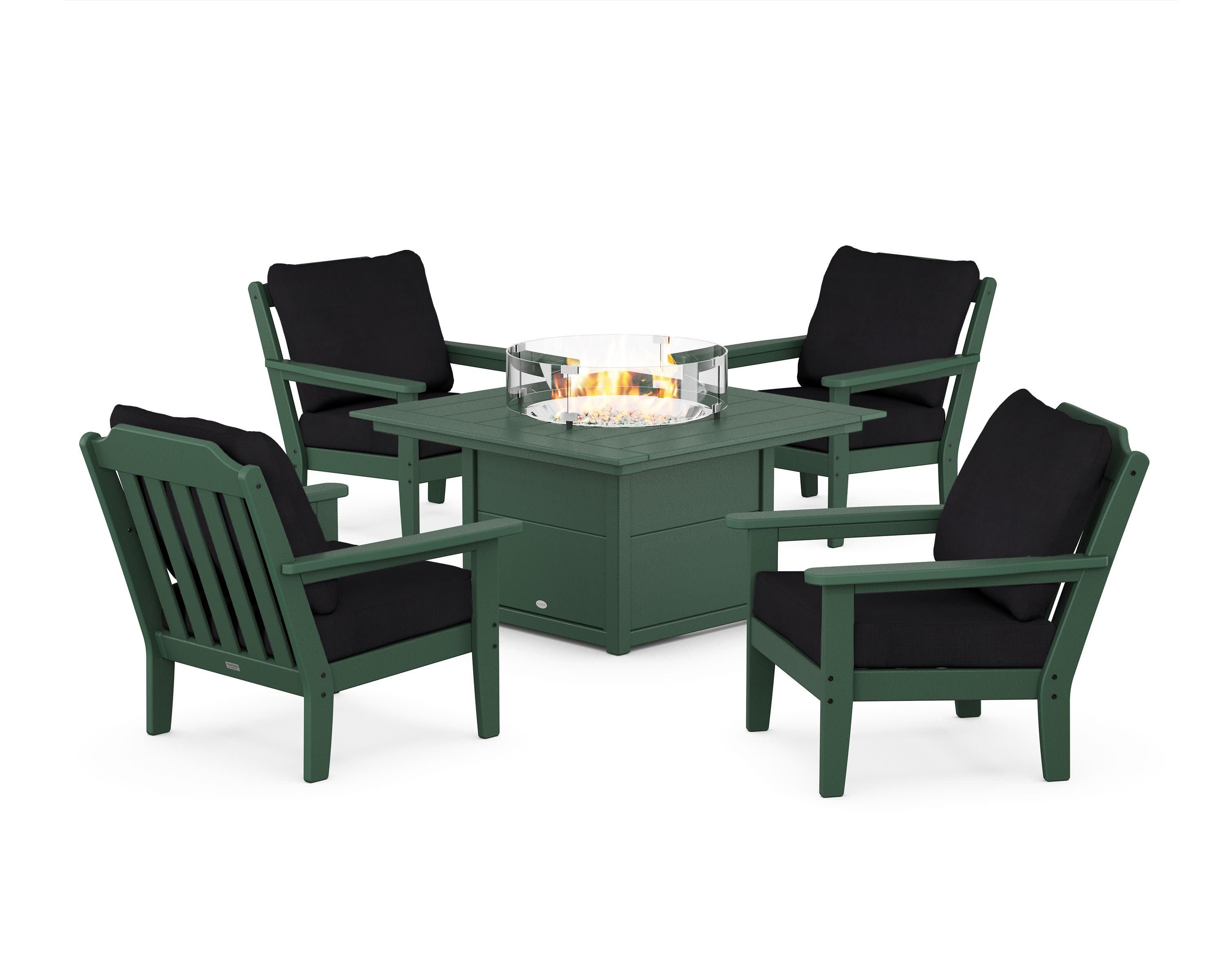 Cottage 5-Piece Deep Seating Set with Fire Pit Table in Green / Midnight Linen