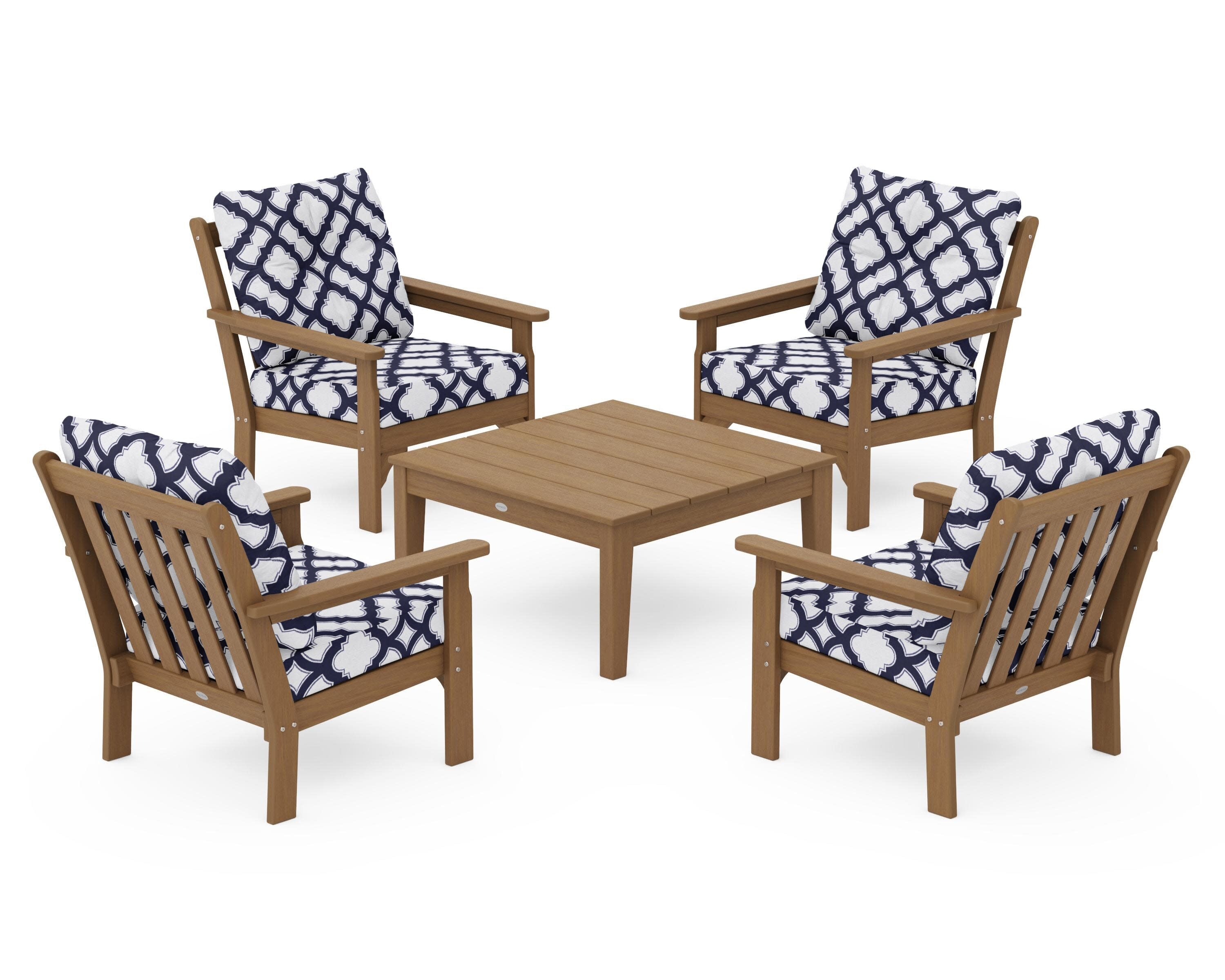 Vineyard 5-Piece Deep Seating Conversation Set in Natural / Trellis Navy