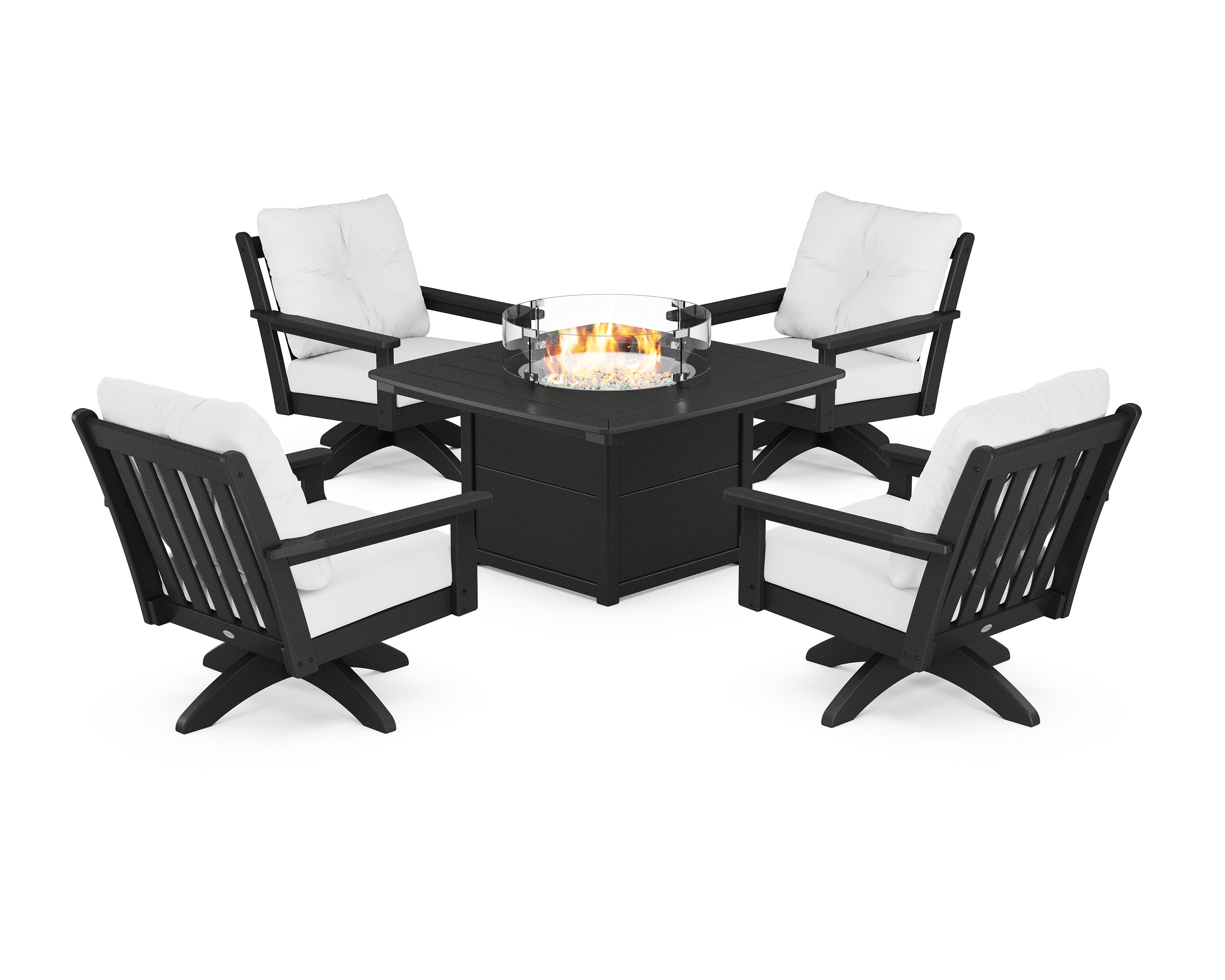 Vineyard 5-Piece Deep Seating Swivel Conversation Set with Fire Pit Table in Black / Natural
