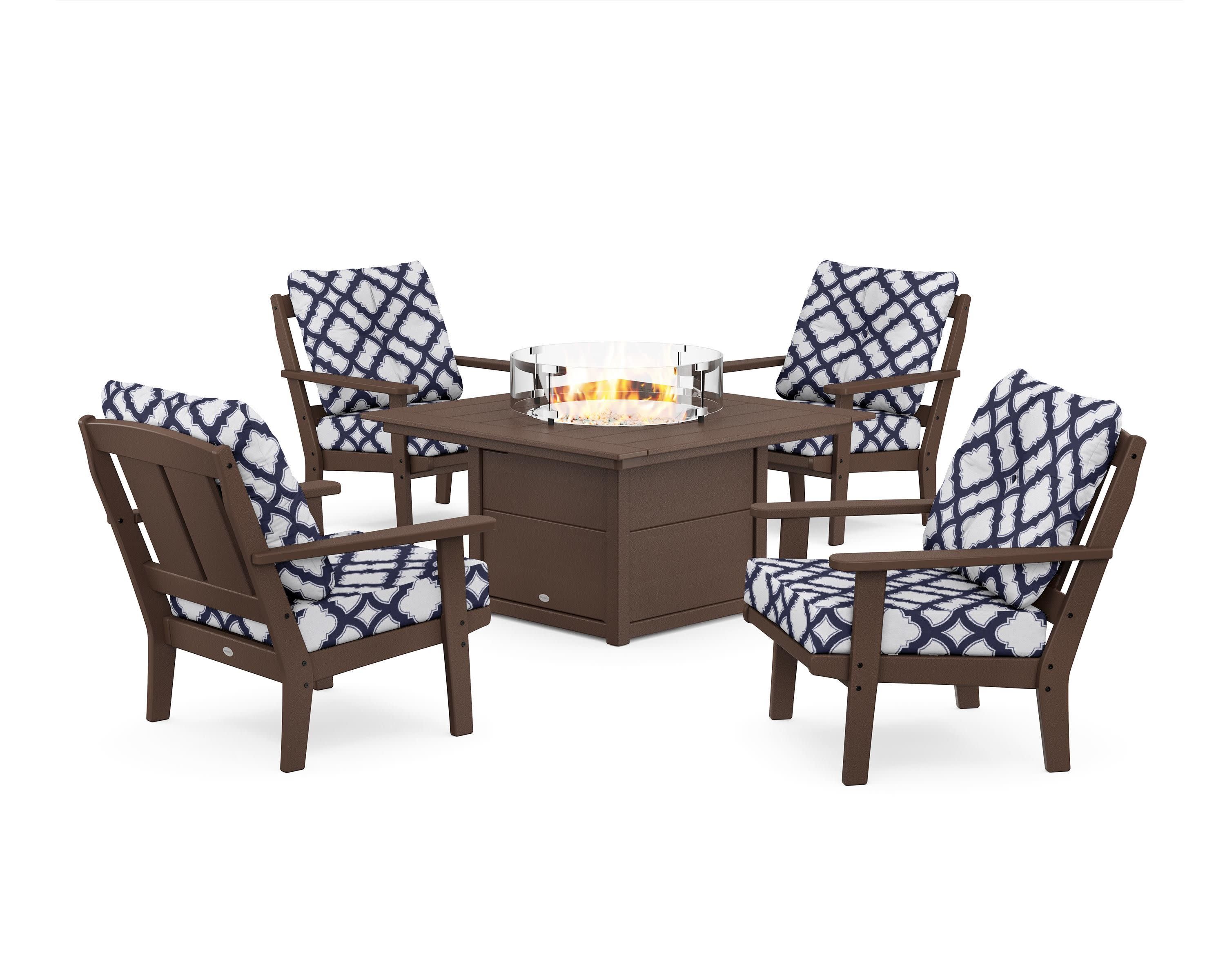 Mission 5-Piece Deep Seating Set with Fire Pit Table in Mahogany / Trellis Navy