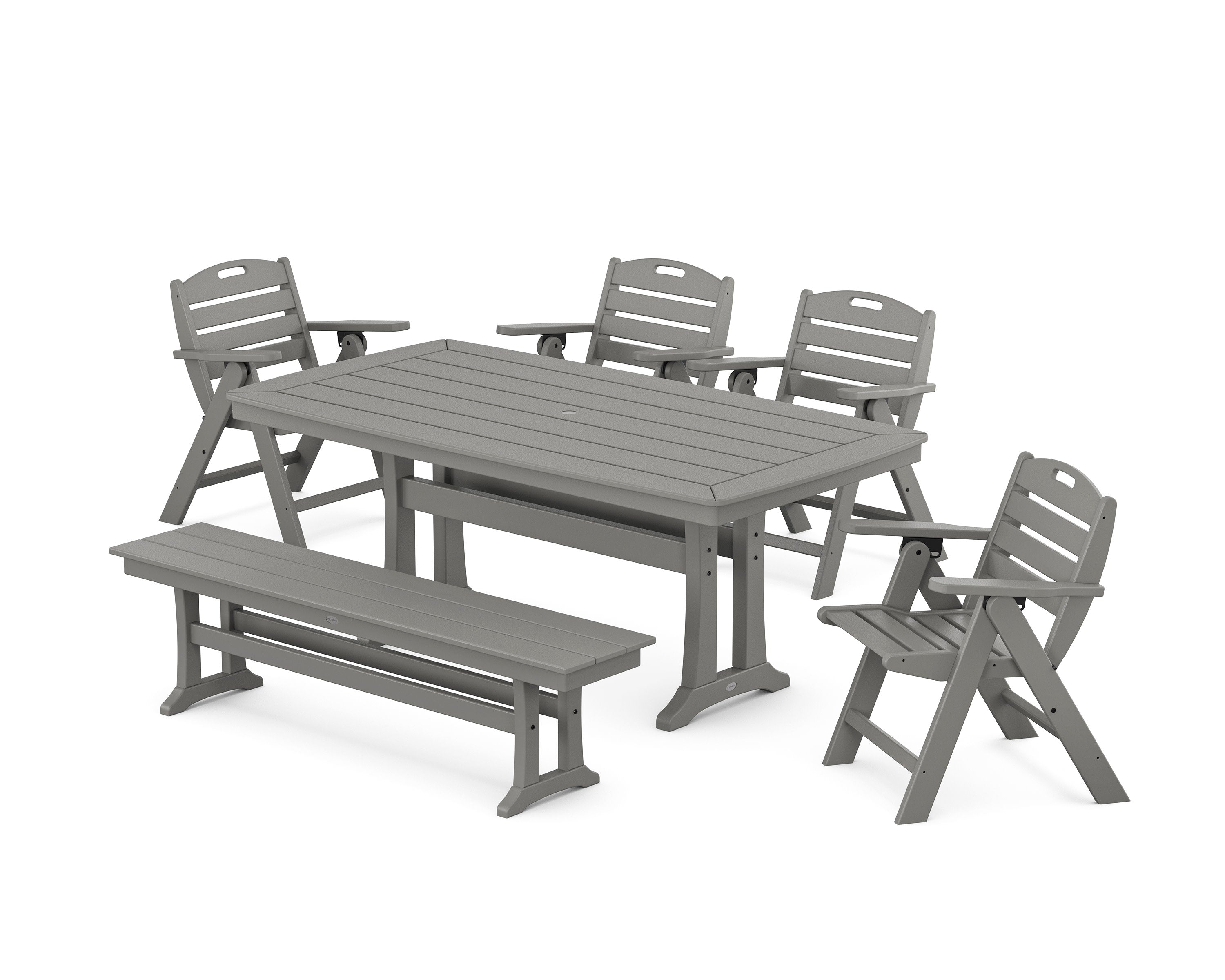 Nautical Lowback 6-Piece Dining Set with Trestle Legs and Bench in Slate Grey