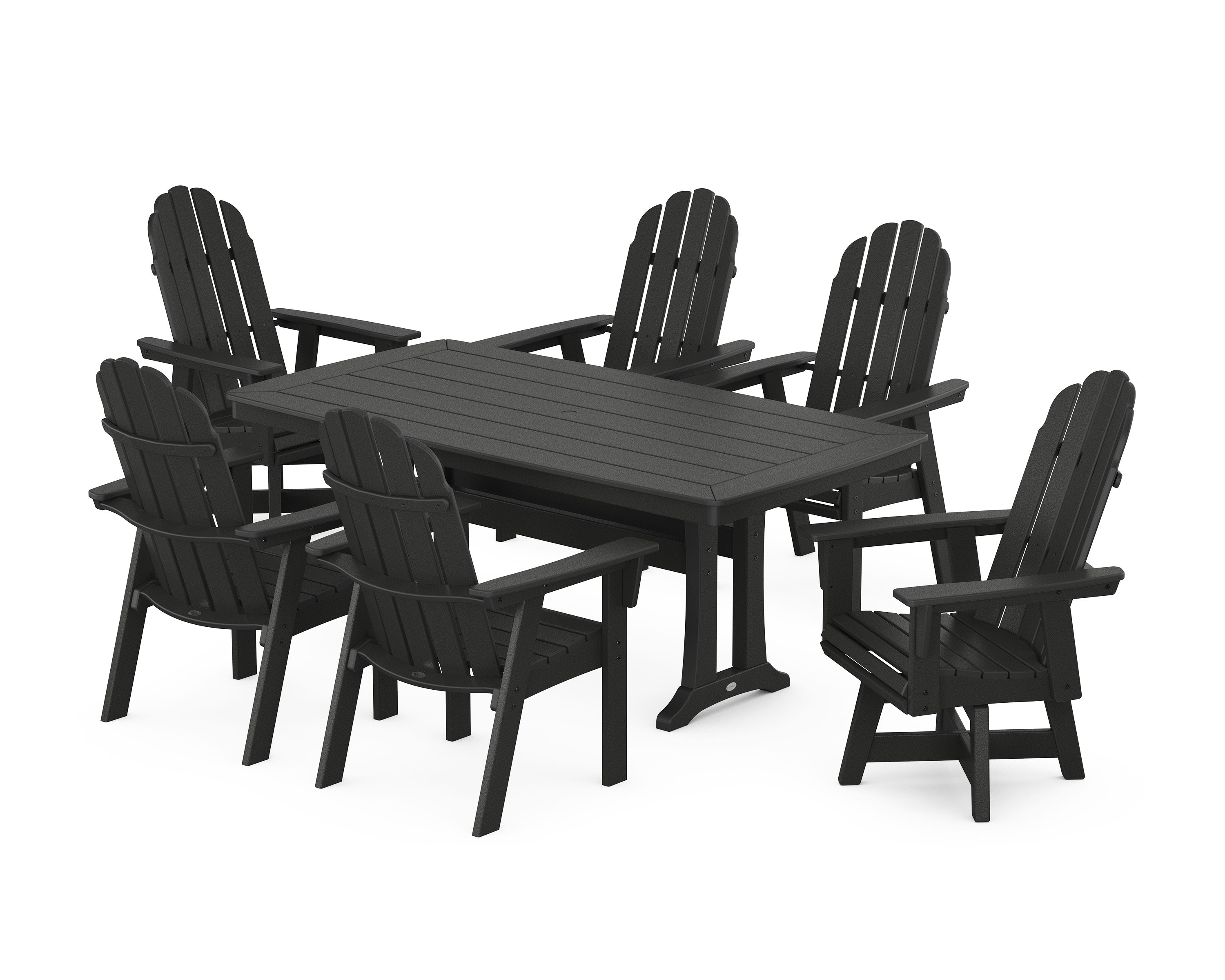 Vineyard Curveback Adirondack Swivel Chair 7-Piece Dining Set with Trestle Legs in Black