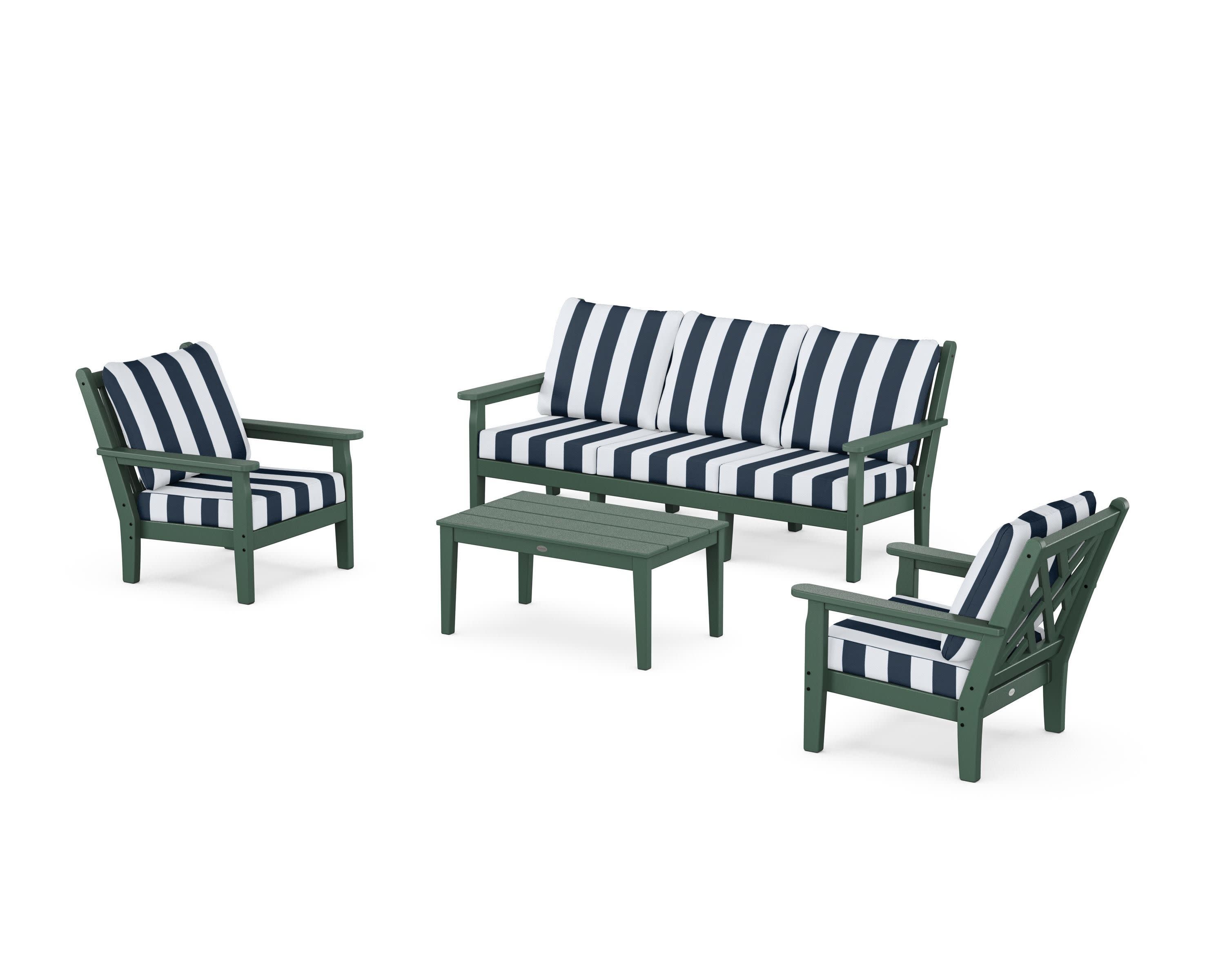 Chippendale 4-Piece Deep Seating Set with Sofa in Green / Cabana Stripe Marine Indigo