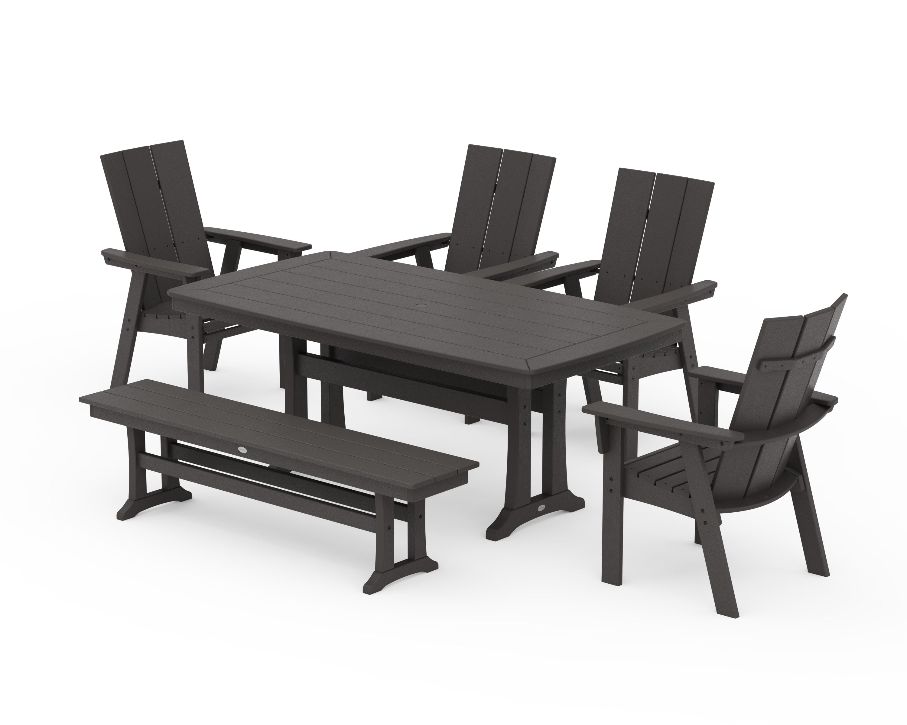 Modern Curveback Adirondack 6-Piece Farmhouse Dining Set with Trestle Legs and Bench in Vintage Coffee