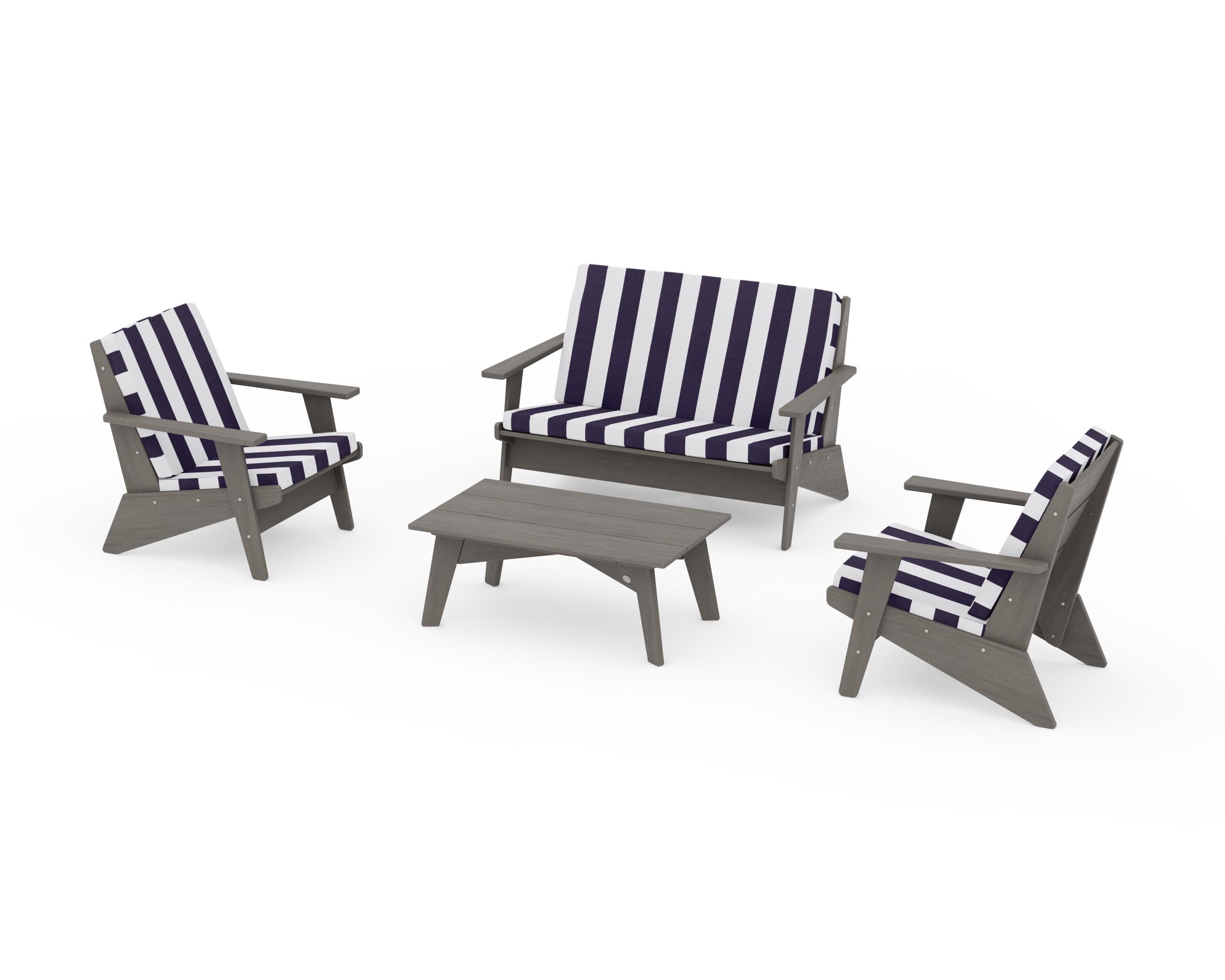 Riviera Modern Lounge 4-Piece Set in Driftwood / Cabana Stripe Navy