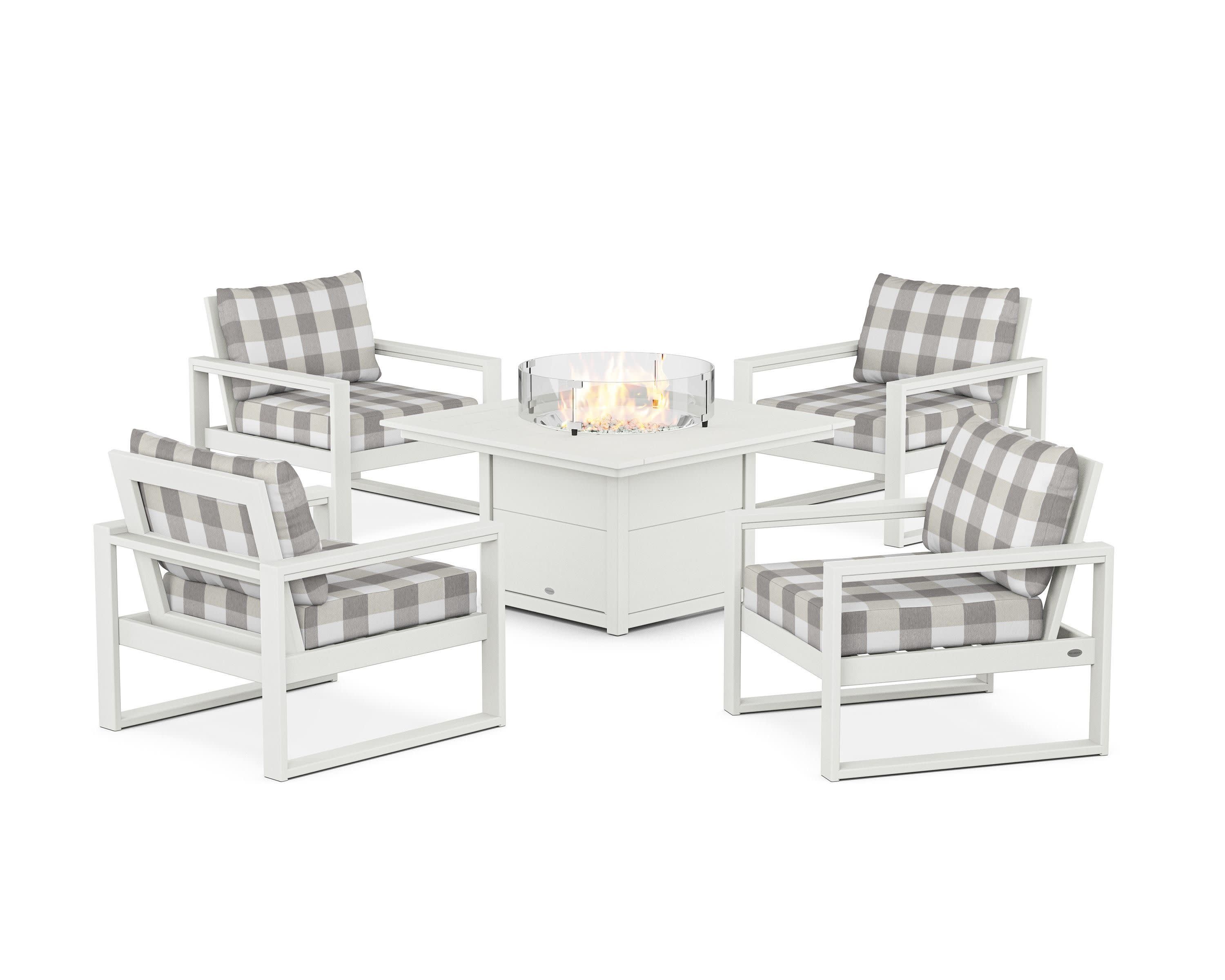 EDGE Sectional 5-Piece Deep Seating Set with Fire Pit Table in Vintage White / Buffalo Plaid Grey Mist