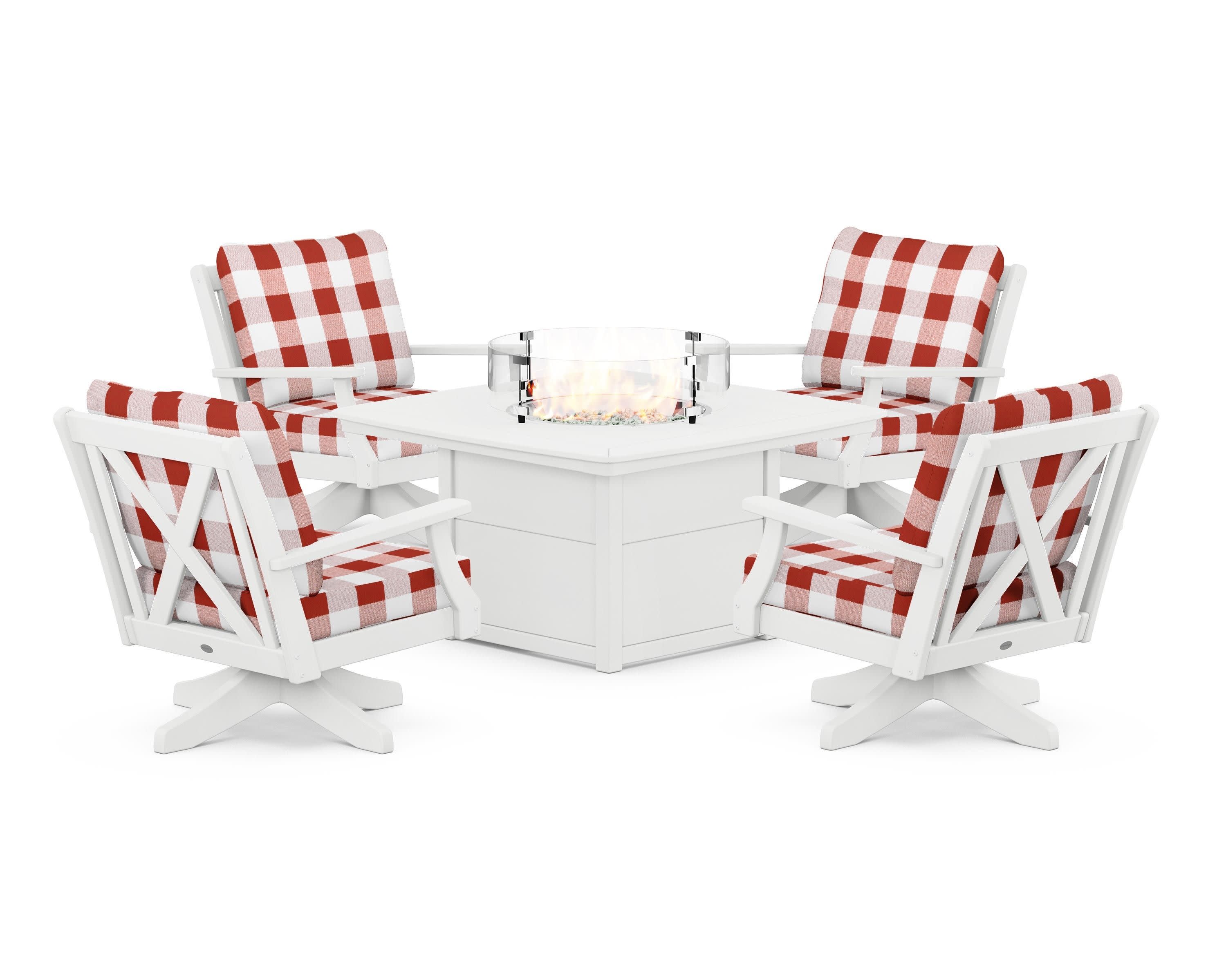 Braxton 5-Piece Deep Seating Swivel Conversation Set with Fire Pit Table in White / Buffalo Plaid Crimson