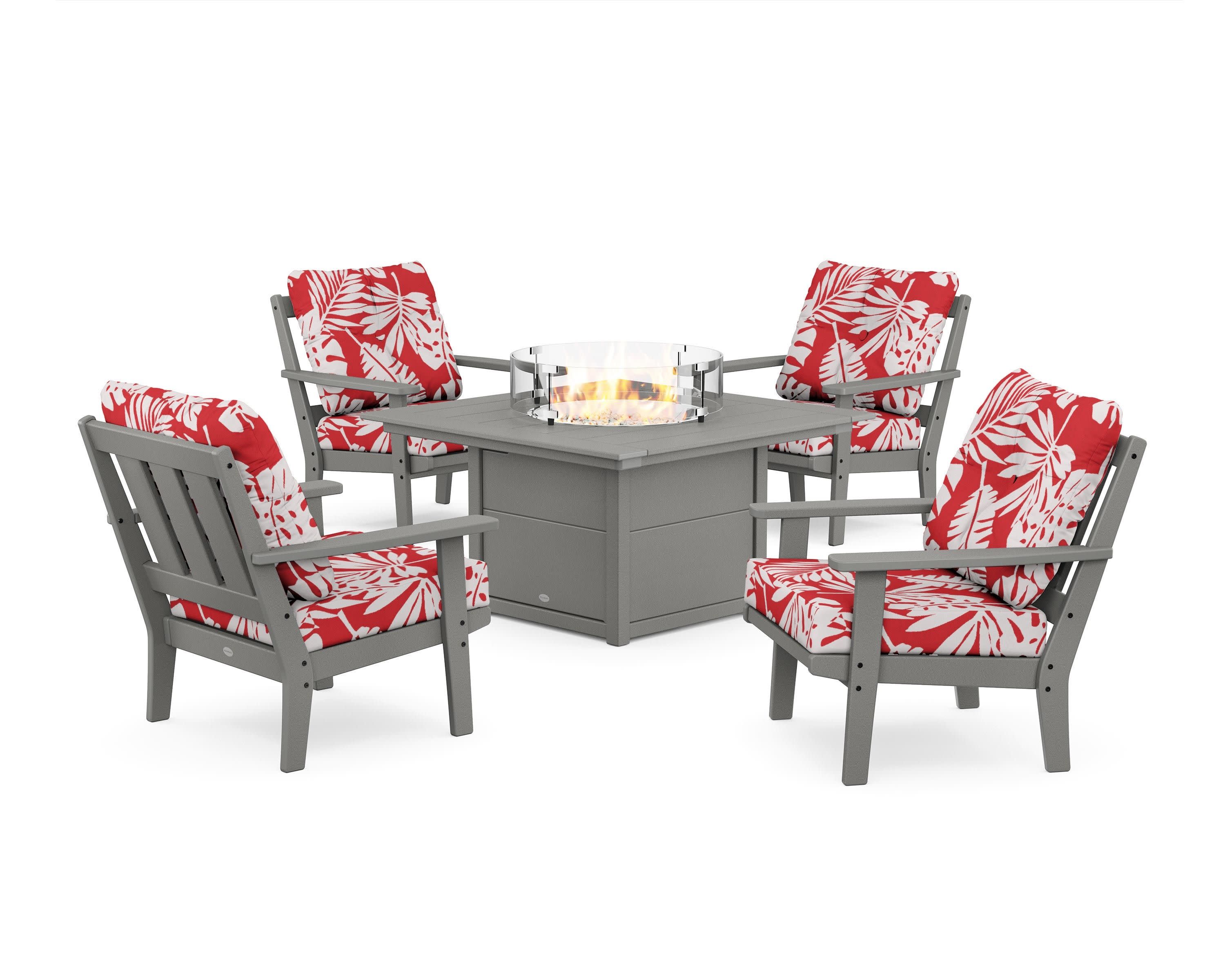 Oxford 5-Piece Deep Seating Set with Fire Pit Table in Slate Grey / Leaf Crimson