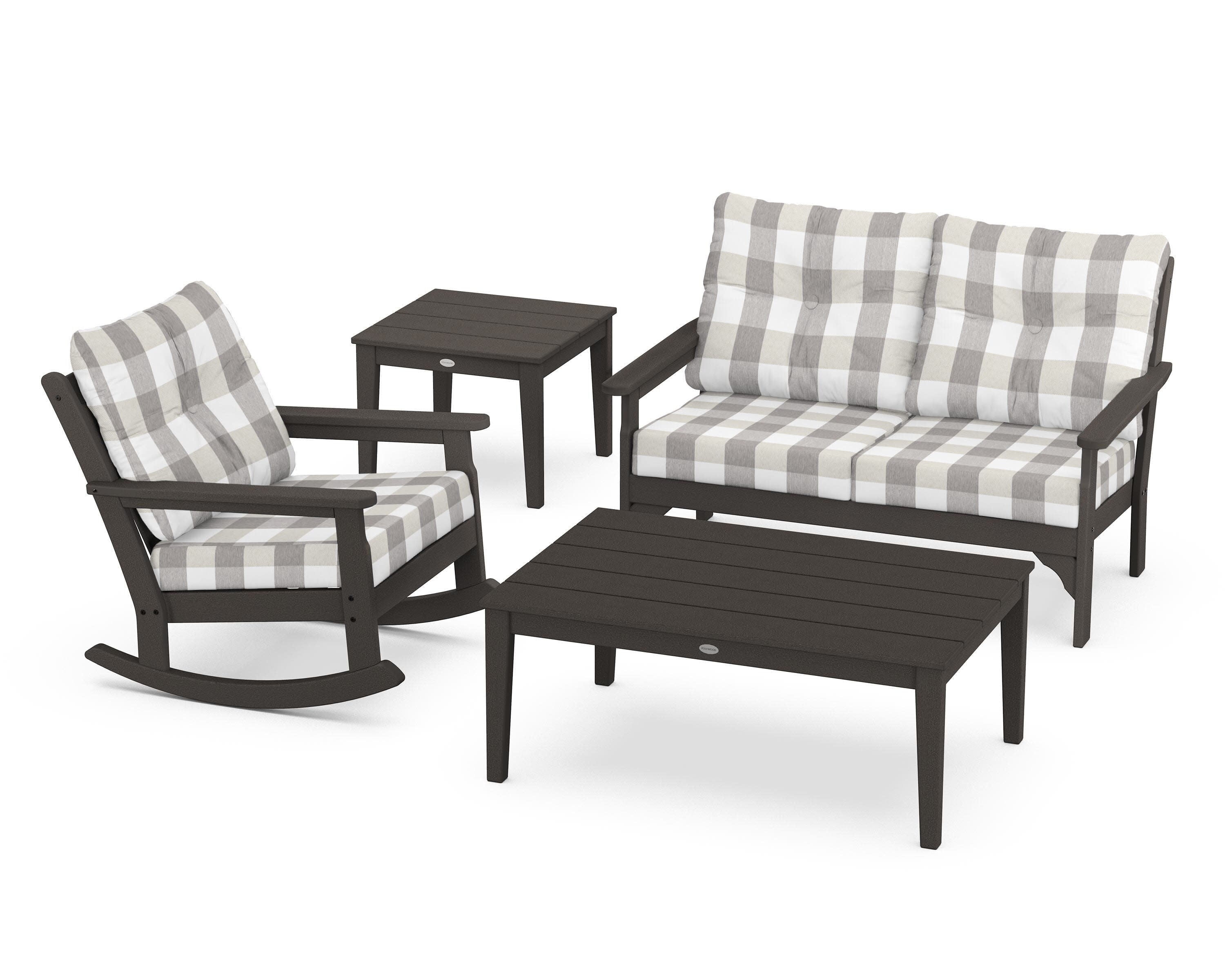 Vineyard 4-Piece Deep Seating Rocker Set in Vintage Coffee / Buffalo Plaid Grey Mist