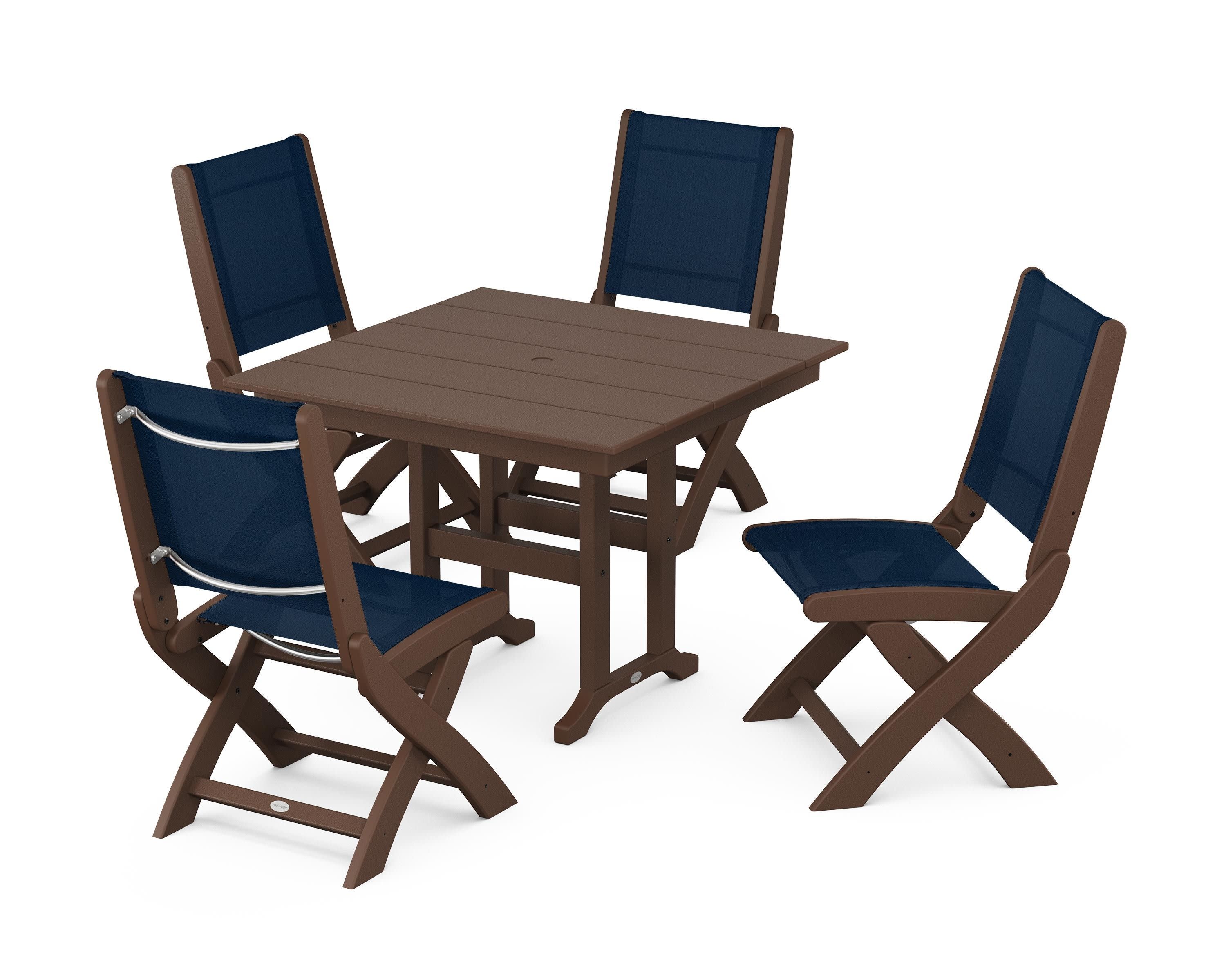 Coastal Folding Side Chair 5-Piece Farmhouse Dining Set in Mahogany / Navy Blue Sling