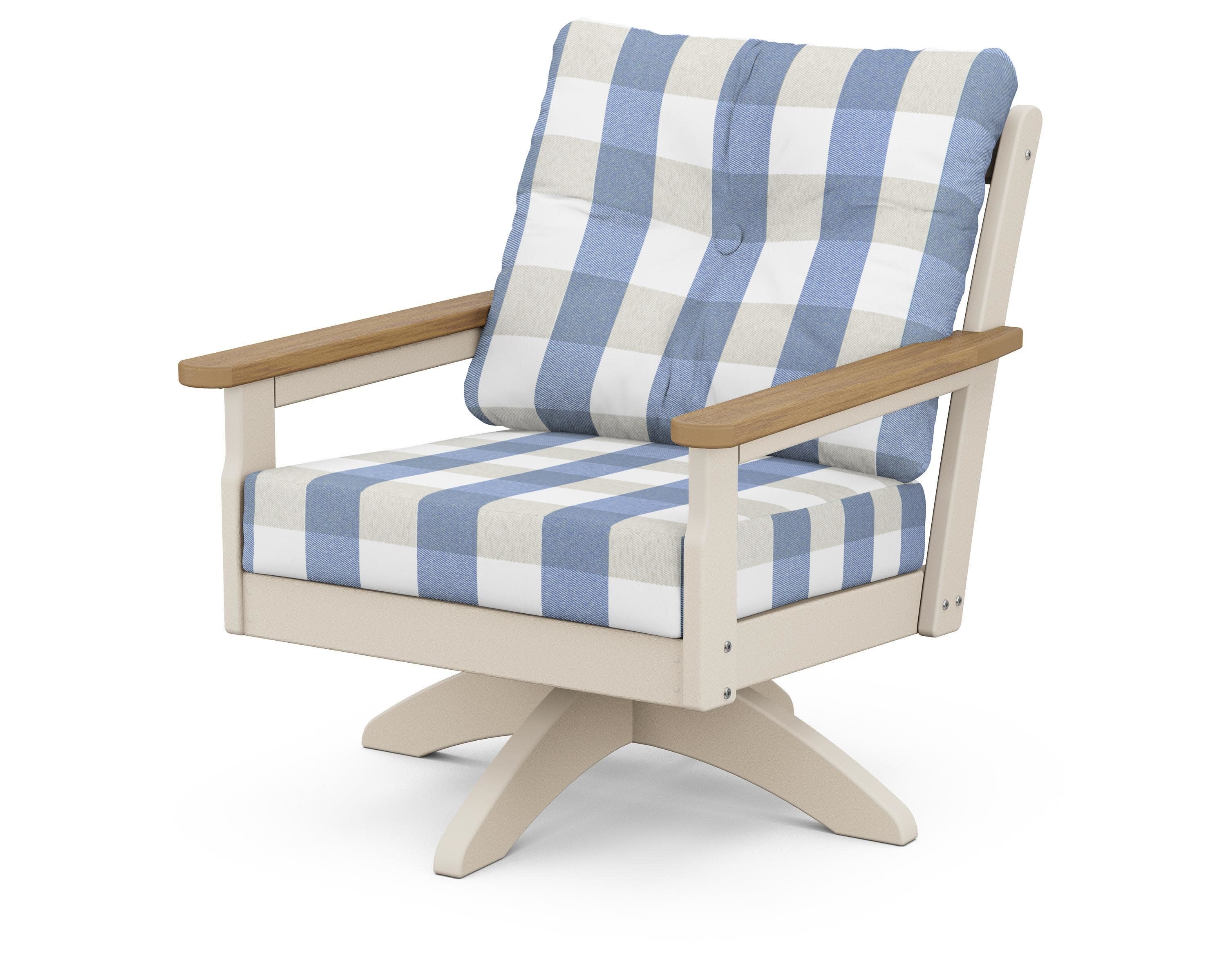 Vineyard Deep Seating Swivel Chair in Sand / Natural / Buffalo Plaid Sky Blue