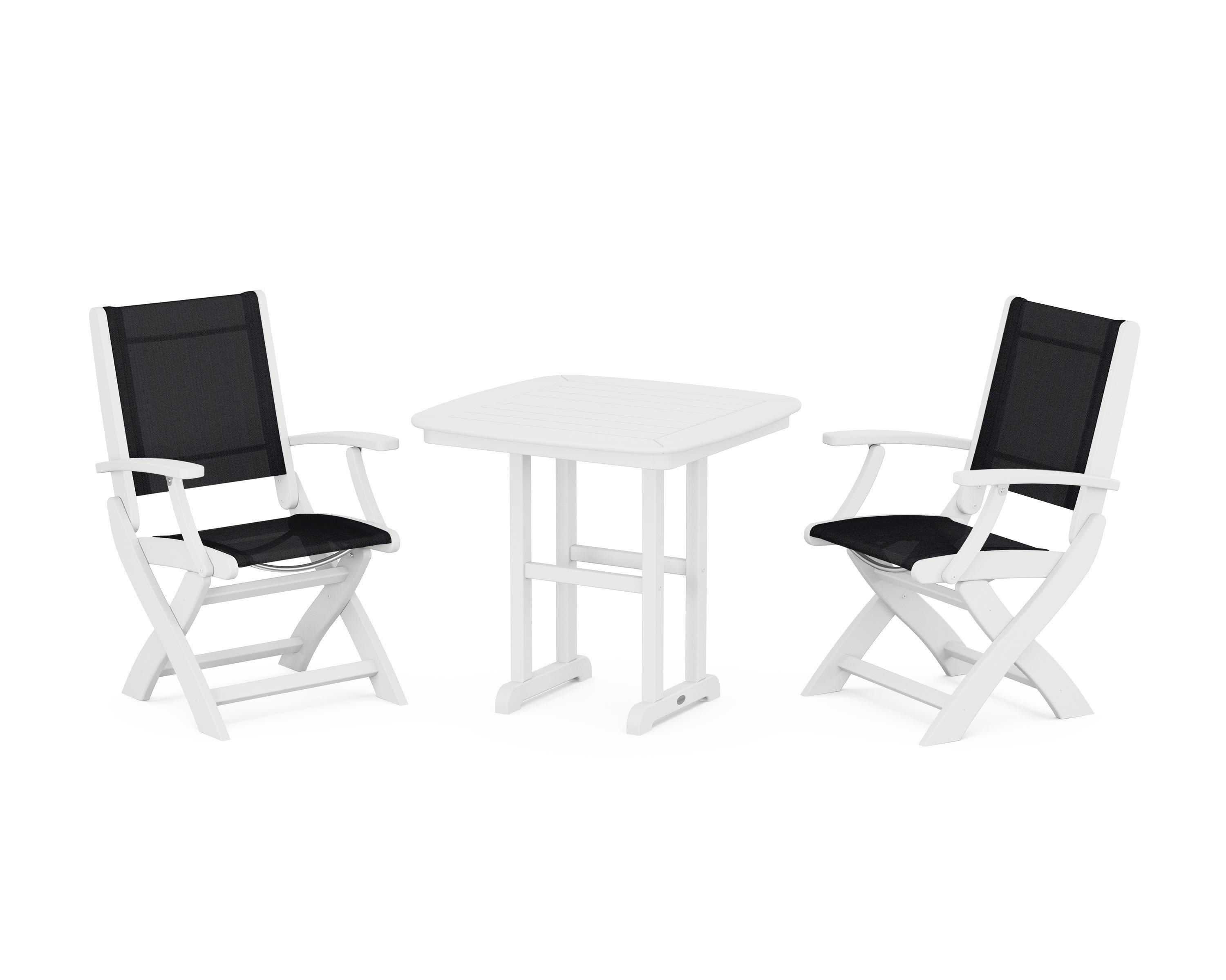 Coastal Folding Chair 3-Piece Dining Set in White / Black Sling