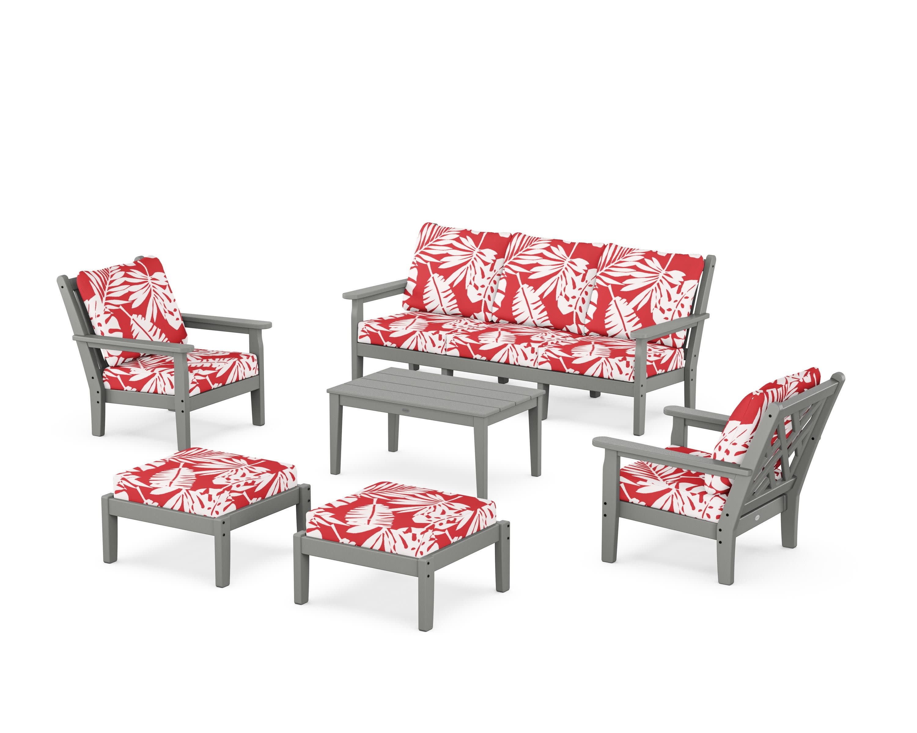 Chippendale 6-Piece Lounge Sofa Set in Slate Grey / Leaf Crimson