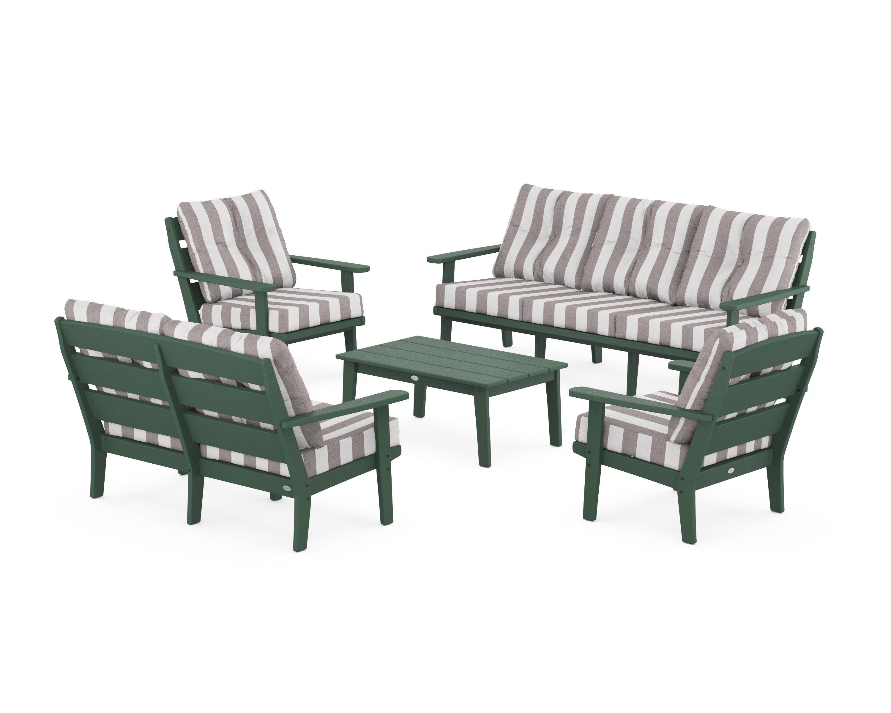 Lakeside 5-Piece Lounge Sofa Set in Green / Cabana Stripe Grey Mist