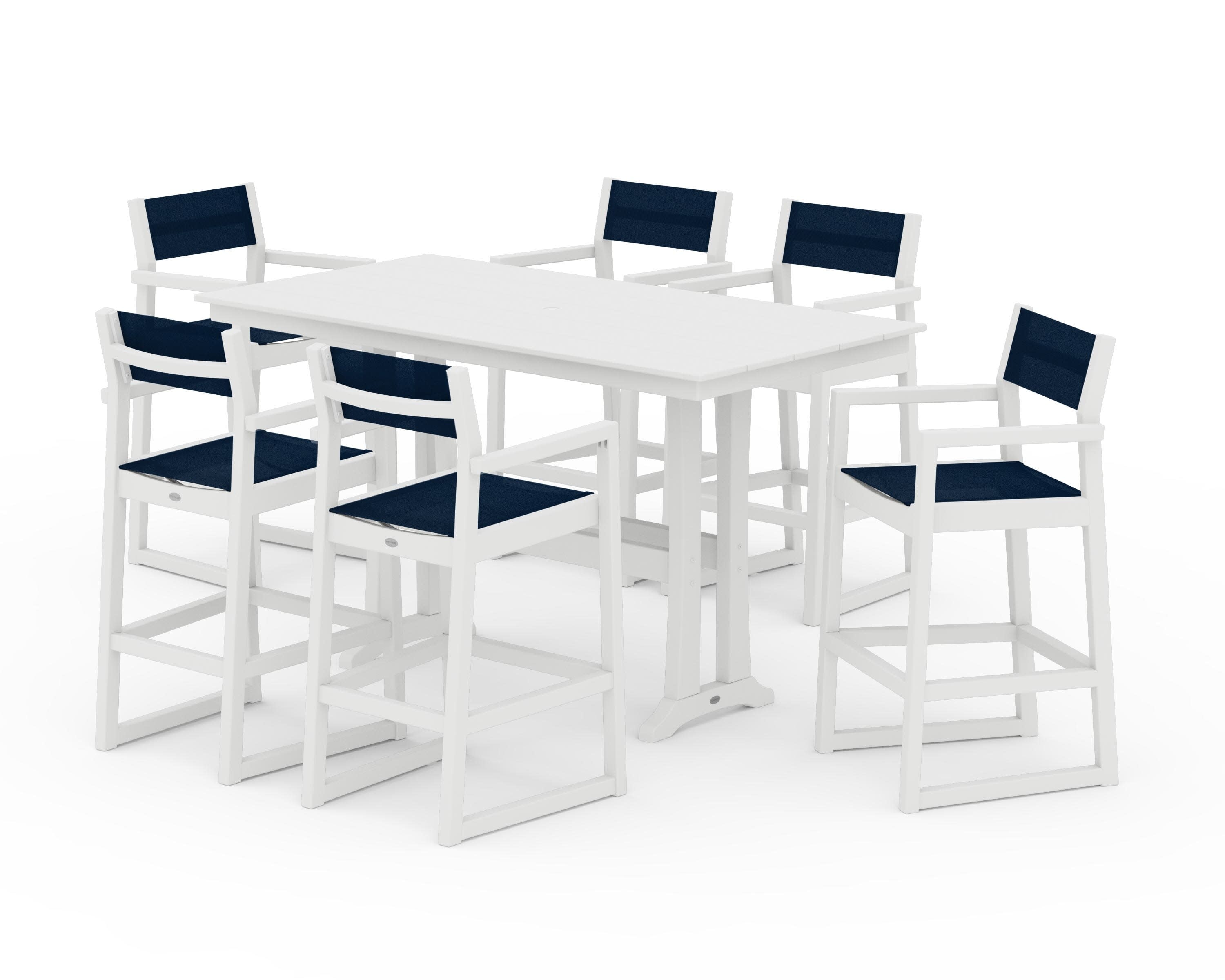 EDGE Sling Arm Chair 7-Piece Farmhouse Bar Set with Trestle Legs in White / Navy Blue Sling
