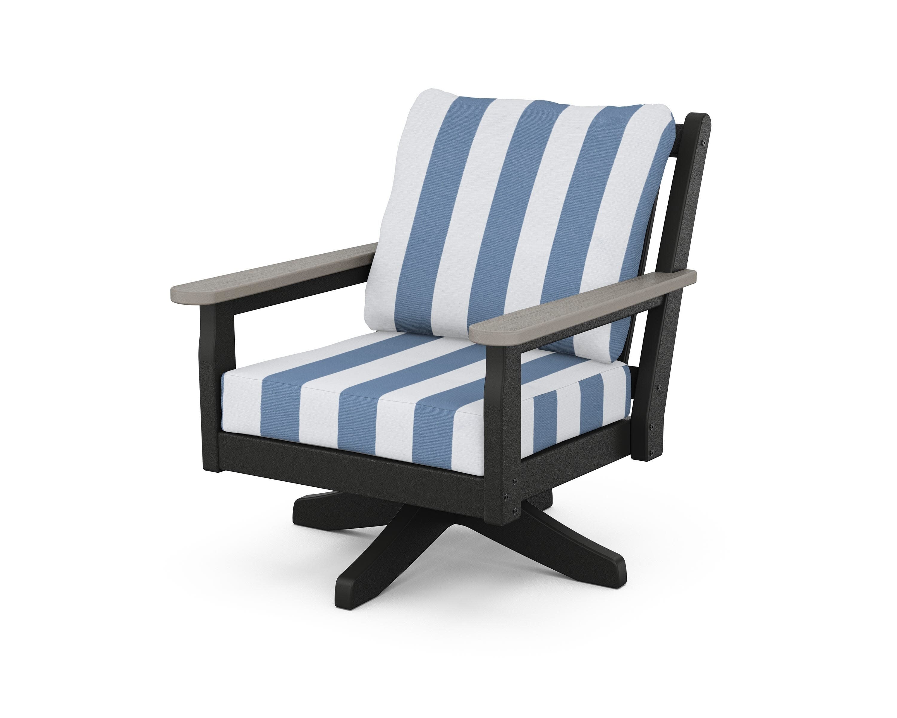 Chippendale Deep Seating Swivel Chair in Black / Driftwood / Cabana Stripe Sky Blue
