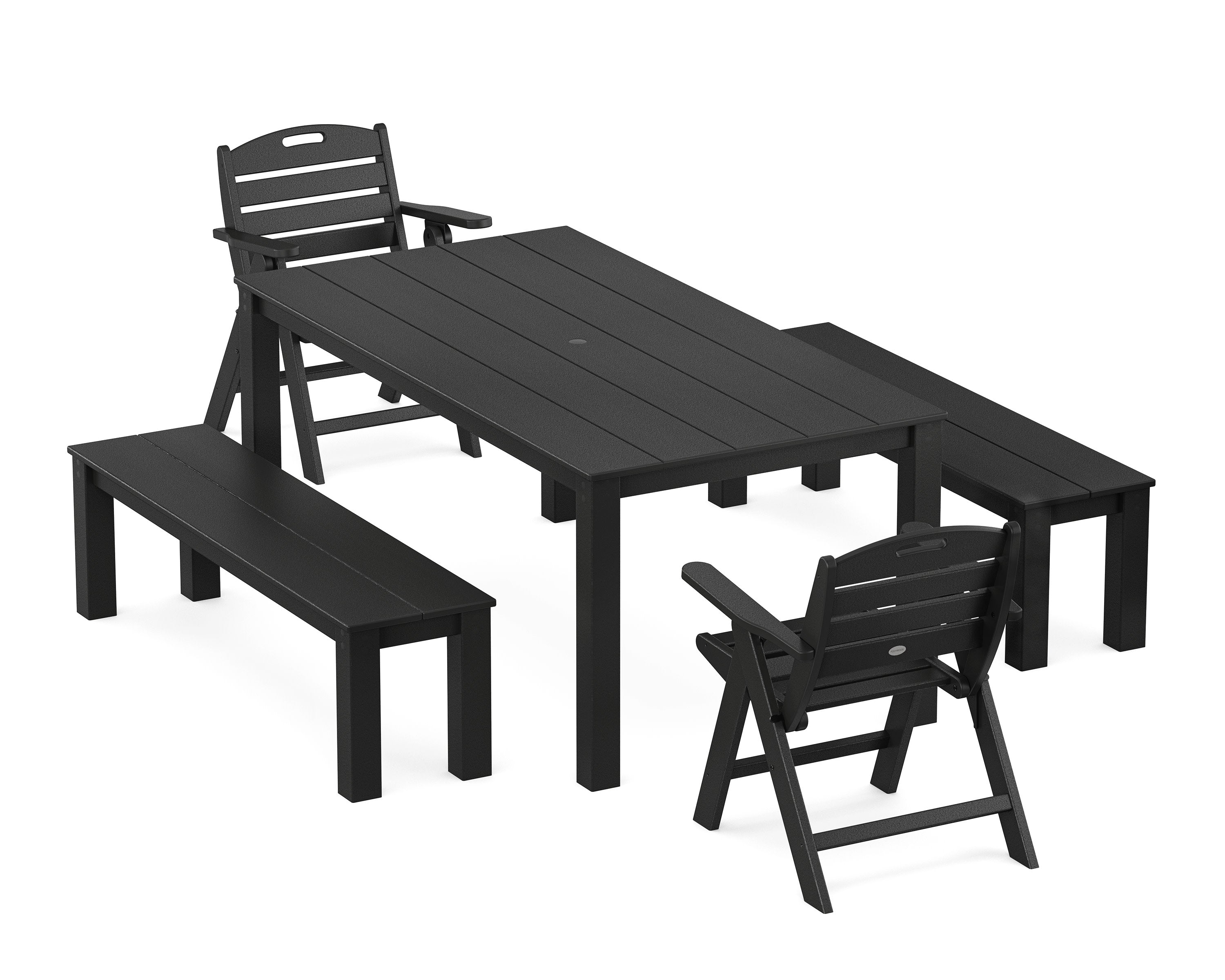 Nautical Folding Lowback Chair 5-Piece Parsons Dining Set with Benches in Black