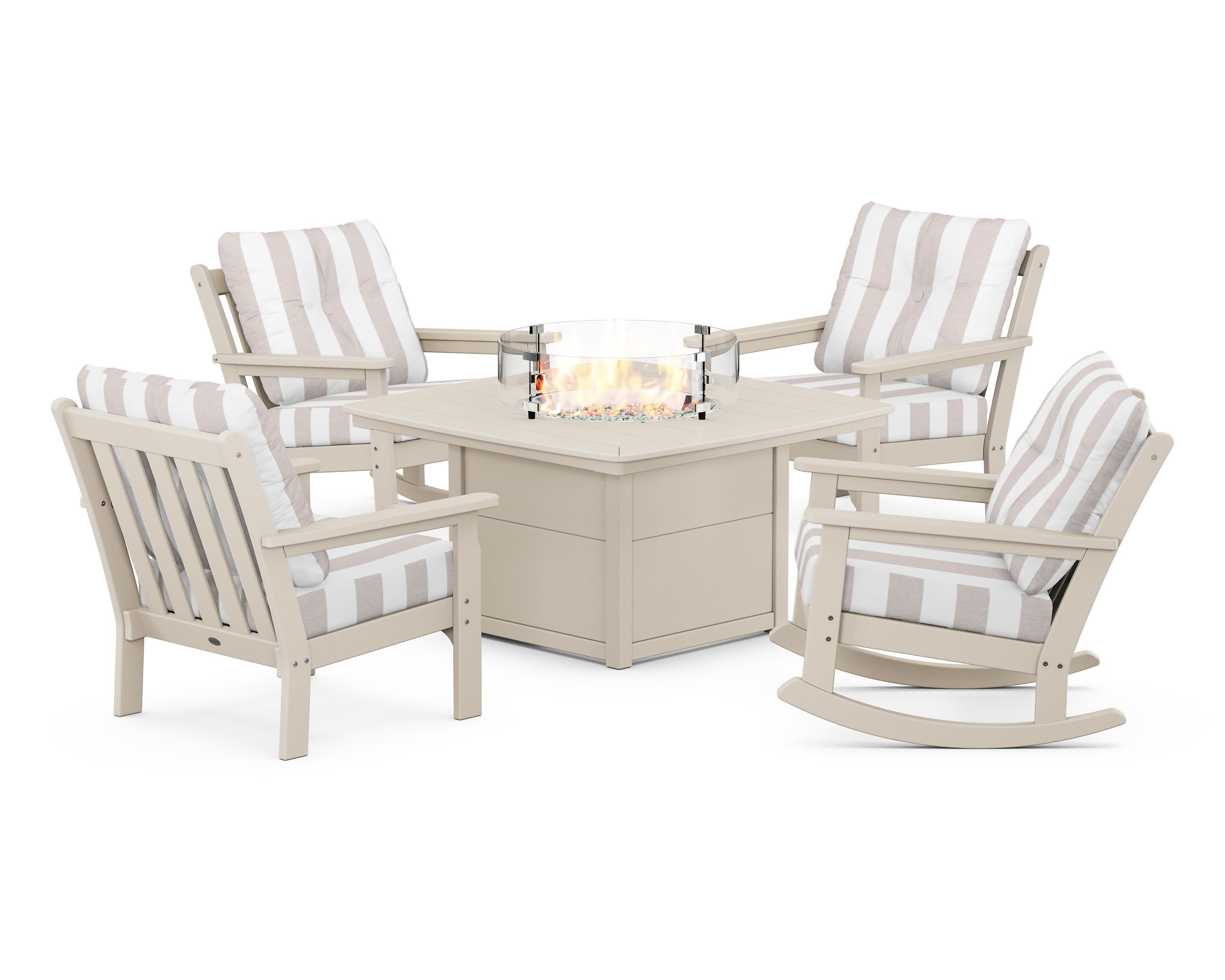 Vineyard 5-Piece Deep Seating Rocking Chair Conversation Set with Fire Pit Table in Sand / Cabana Stripe Dune Burlap