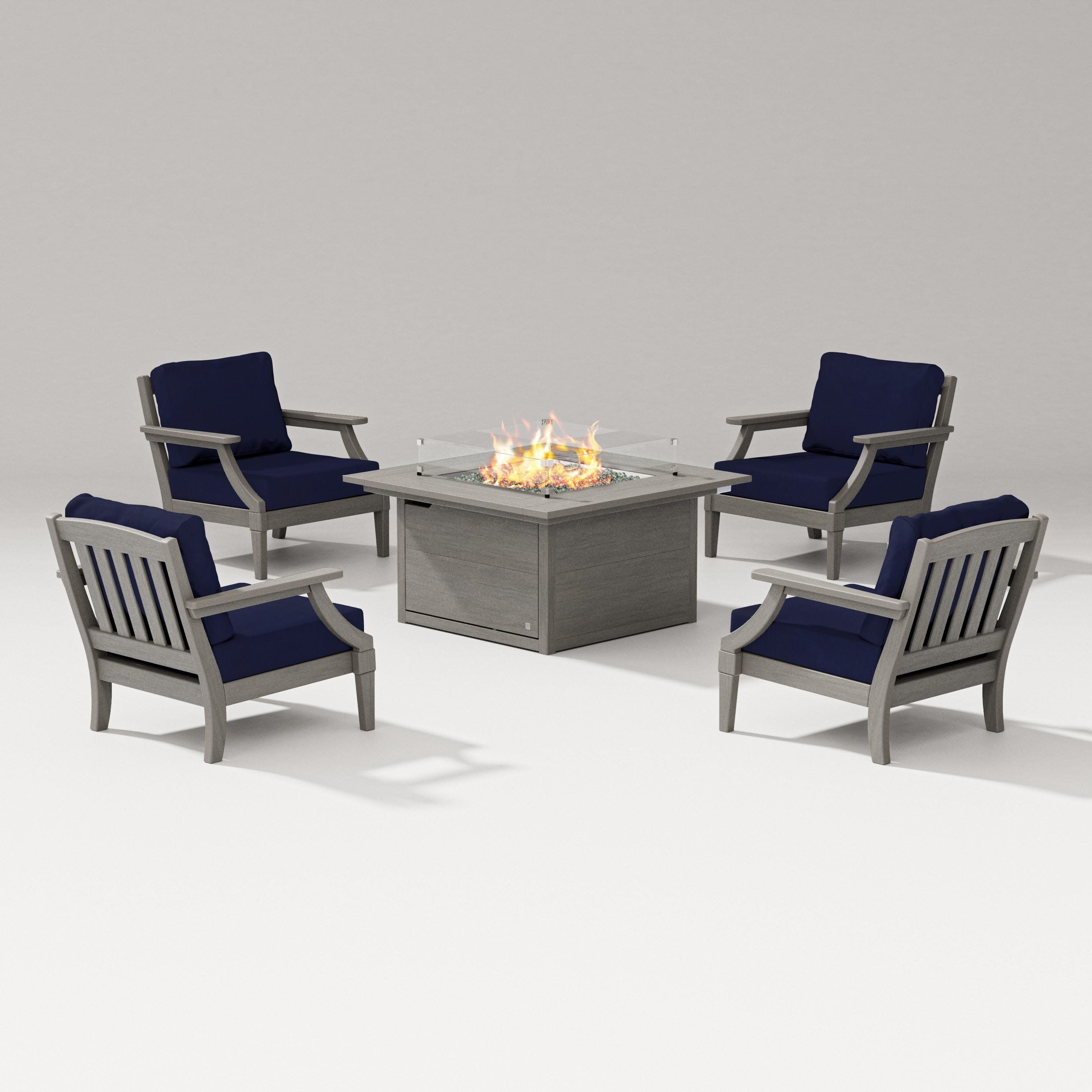 Estate 5-Piece Lounge Fire Table Set in Driftwood / Navy